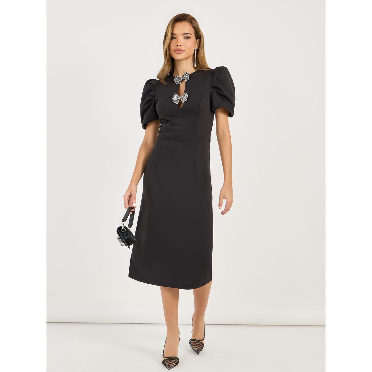 Styli Embellished Bow Puff Sleeves Sheath Midi Dress-women-clothing-dresses-image-1