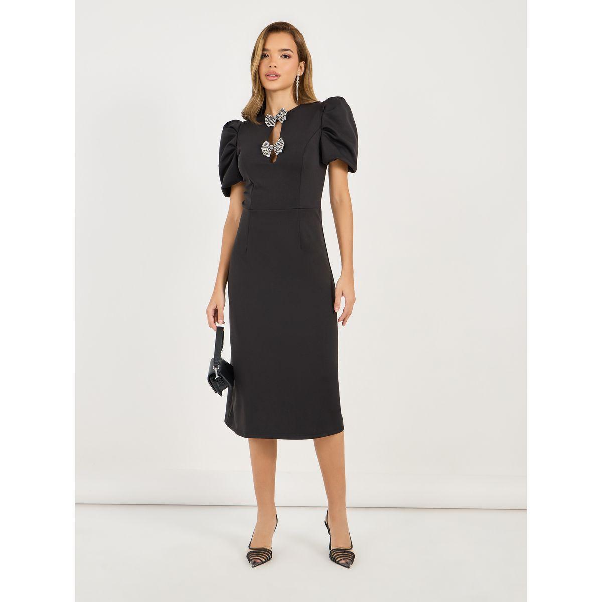 Styli Embellished Bow Puff Sleeves Sheath Midi Dress-women-clothing-dresses-image-4