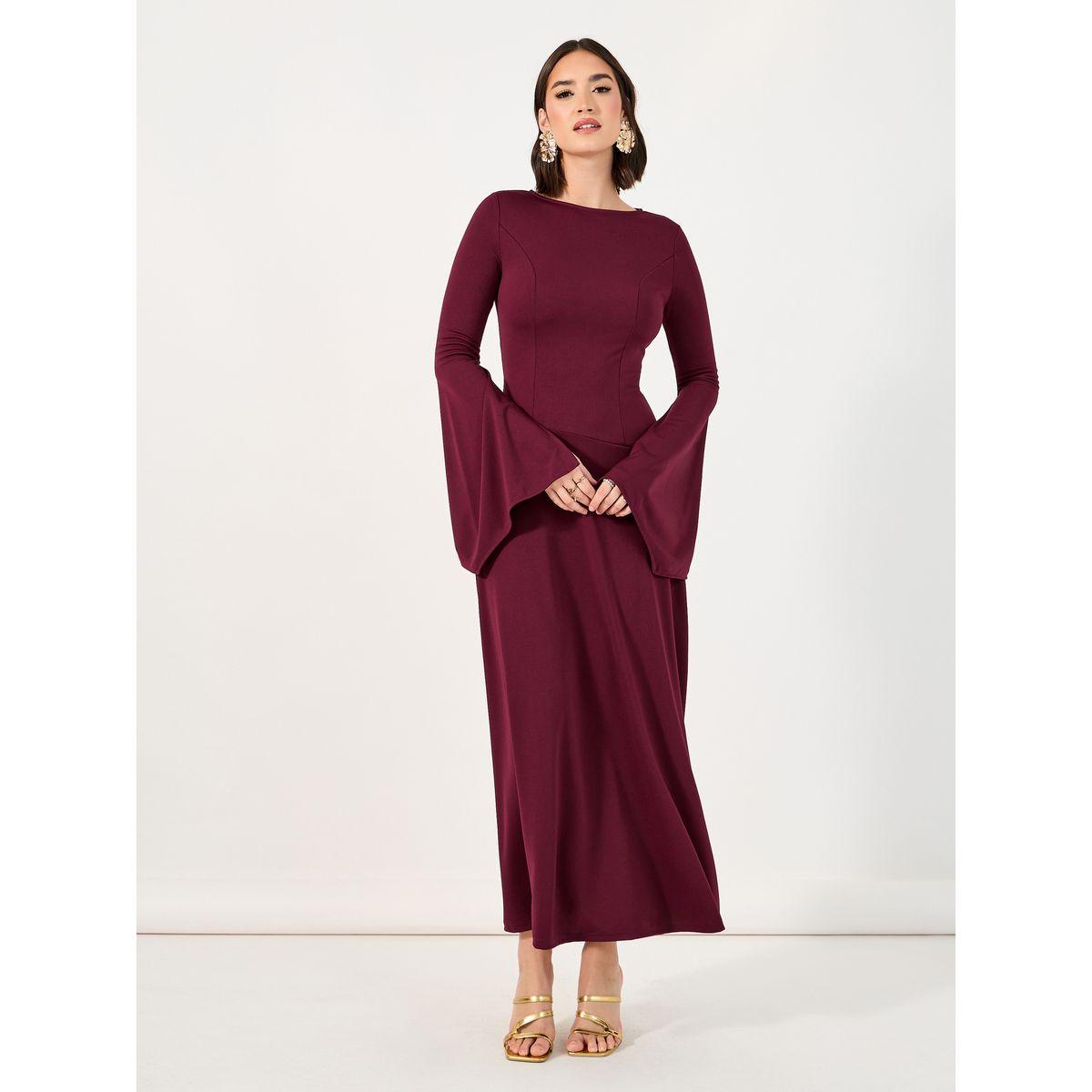 فستان طويل بحافة غير متماثلة الطول وأكمام جرس-women-clothing-dresses-image-4