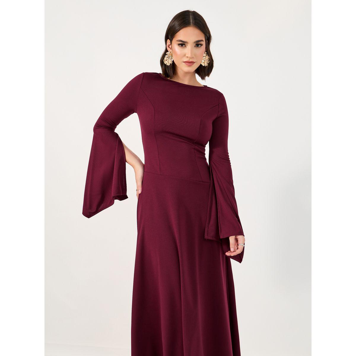 فستان طويل بحافة غير متماثلة الطول وأكمام جرس-women-clothing-dresses-image-5