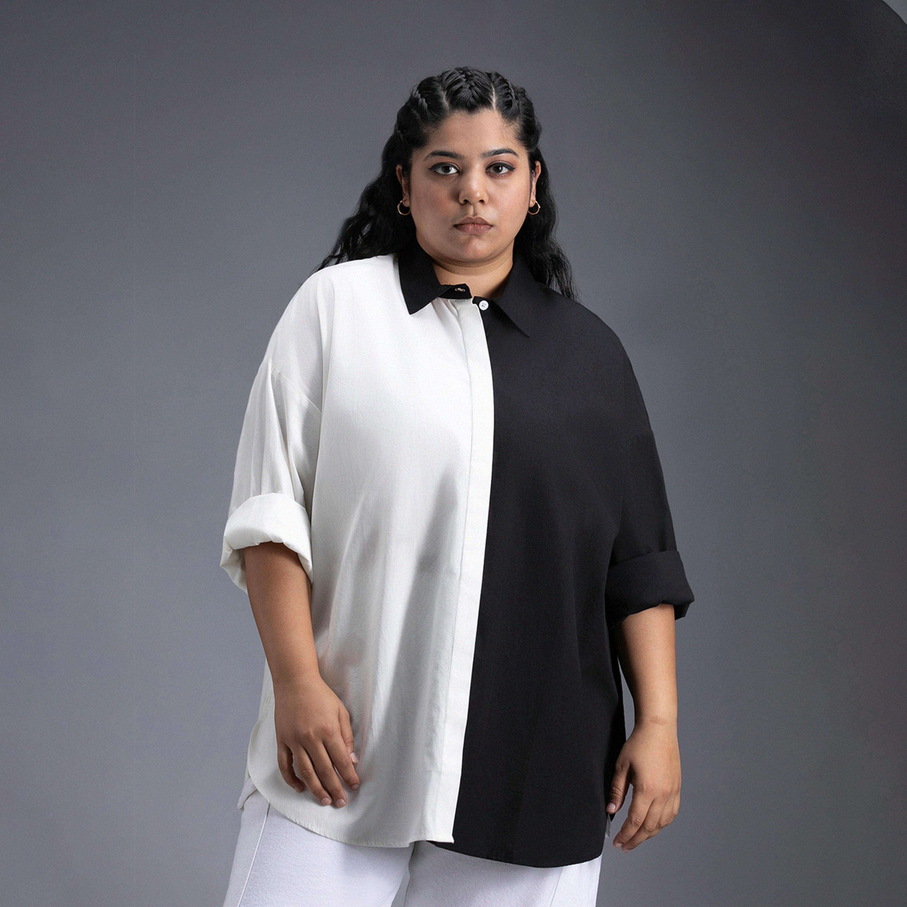High Star X Styli Plus Size Color Block Collared Shirt With Side Slit Detail-women-clothing-shirtsandblouses-shirts-image-1
