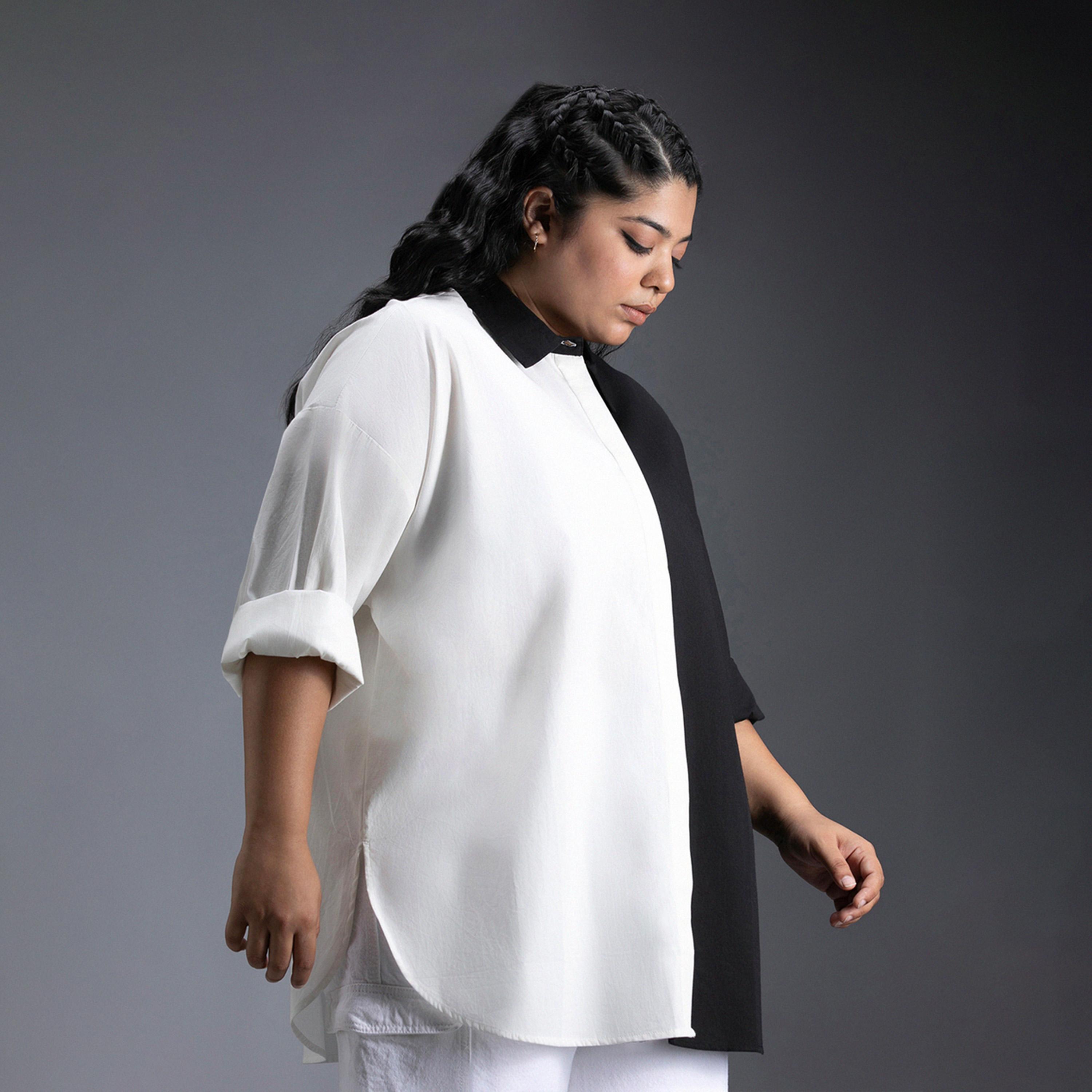 High Star X Styli Plus Size Color Block Collared Shirt With Side Slit Detail-women-clothing-shirtsandblouses-shirts-image-2