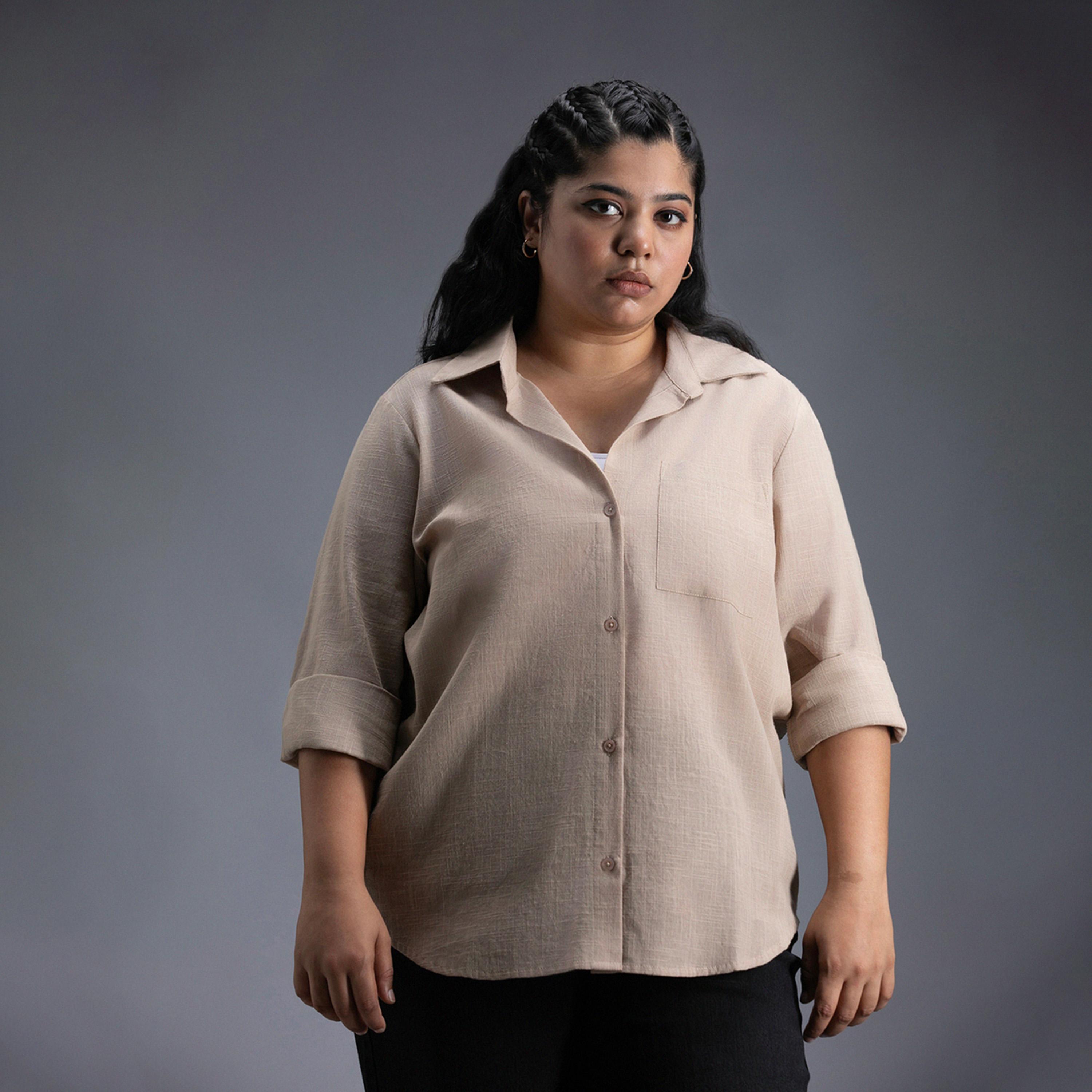 هاي ستار × ستايلي - قميص بمقاس كبير سادة بقصّة عادية مع تفاصيل جيب-women-clothing-shirtsandblouses-shirts-image-4