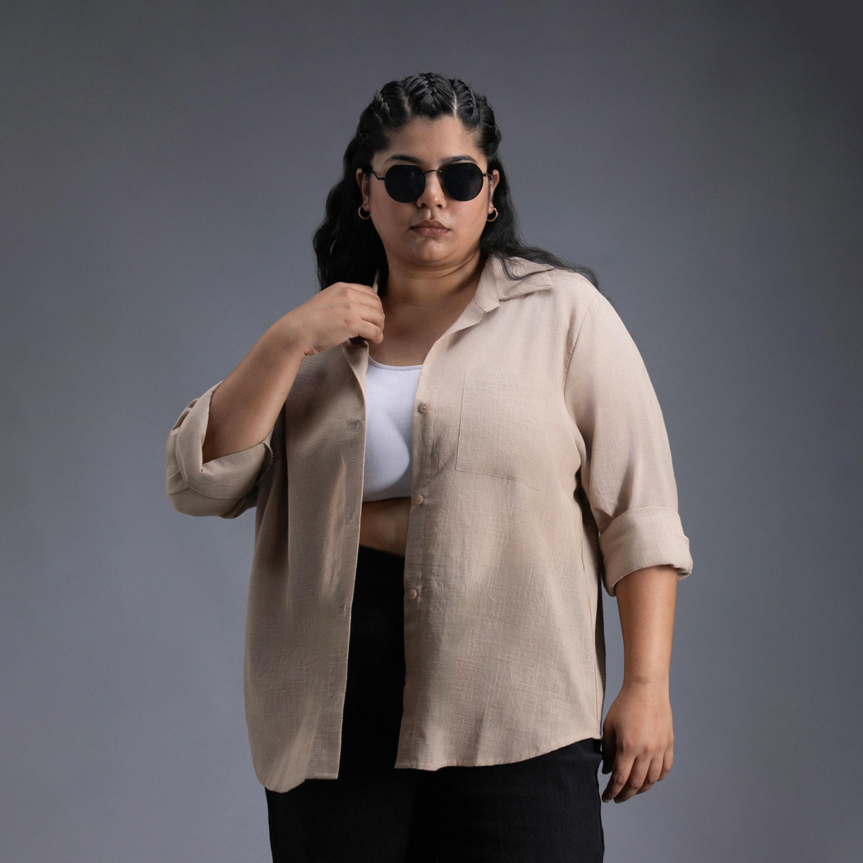هاي ستار × ستايلي - قميص بمقاس كبير سادة بقصّة عادية مع تفاصيل جيب-women-clothing-shirtsandblouses-shirts-image-6