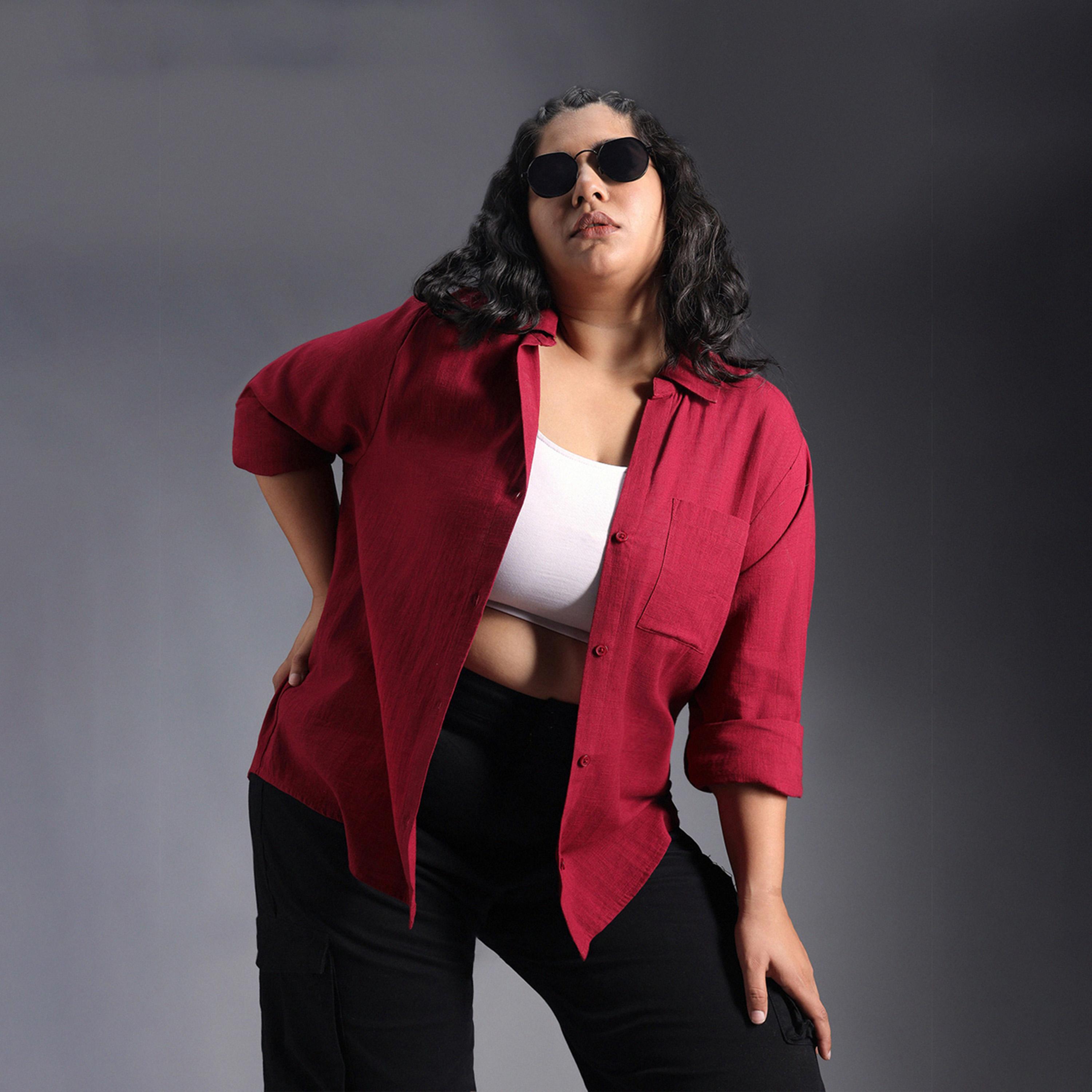 هاي ستار × ستايلي - قميص بمقاس كبير سادة بقصّة عادية مع تفاصيل جيب-women-clothing-shirtsandblouses-shirts-image-1