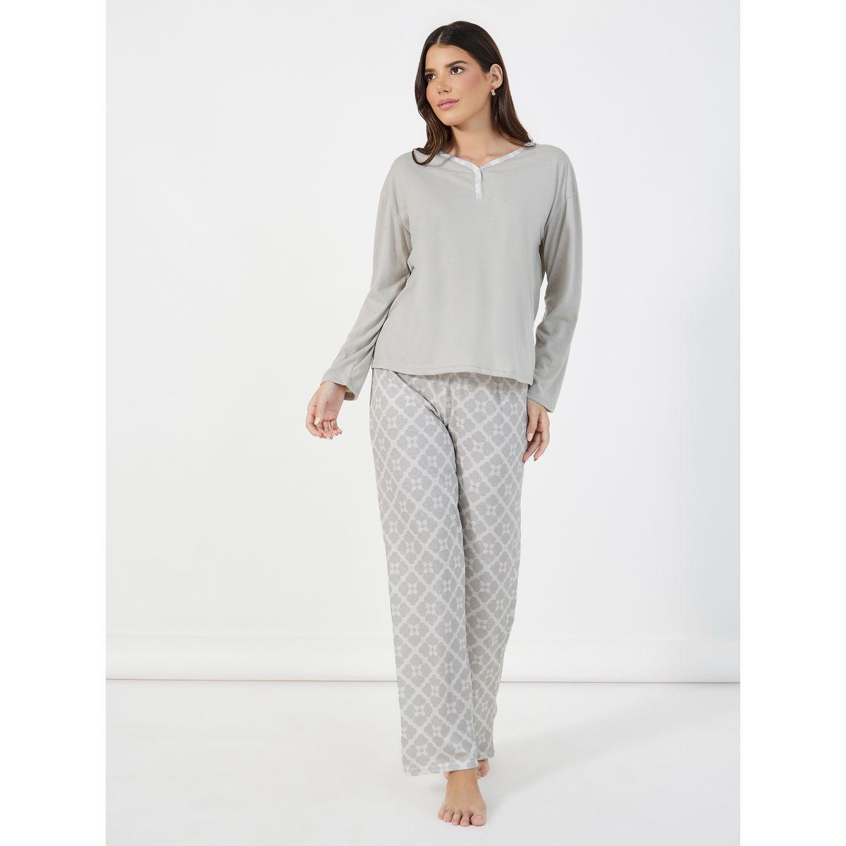 Styli Unwind Solid Dropped Shoulder T-Shirt & Printed Pants Pyjama Set-women-clothing-nightwear-pyjamas-longsets-image-1