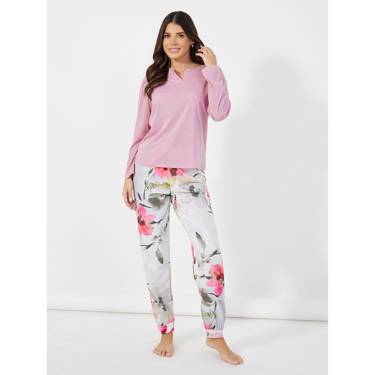 طقم من بنطال بيجاما وتيشيرت سادة بأكتاف منخفضة-women-clothing-nightwear-pyjamas-longsets-image-1