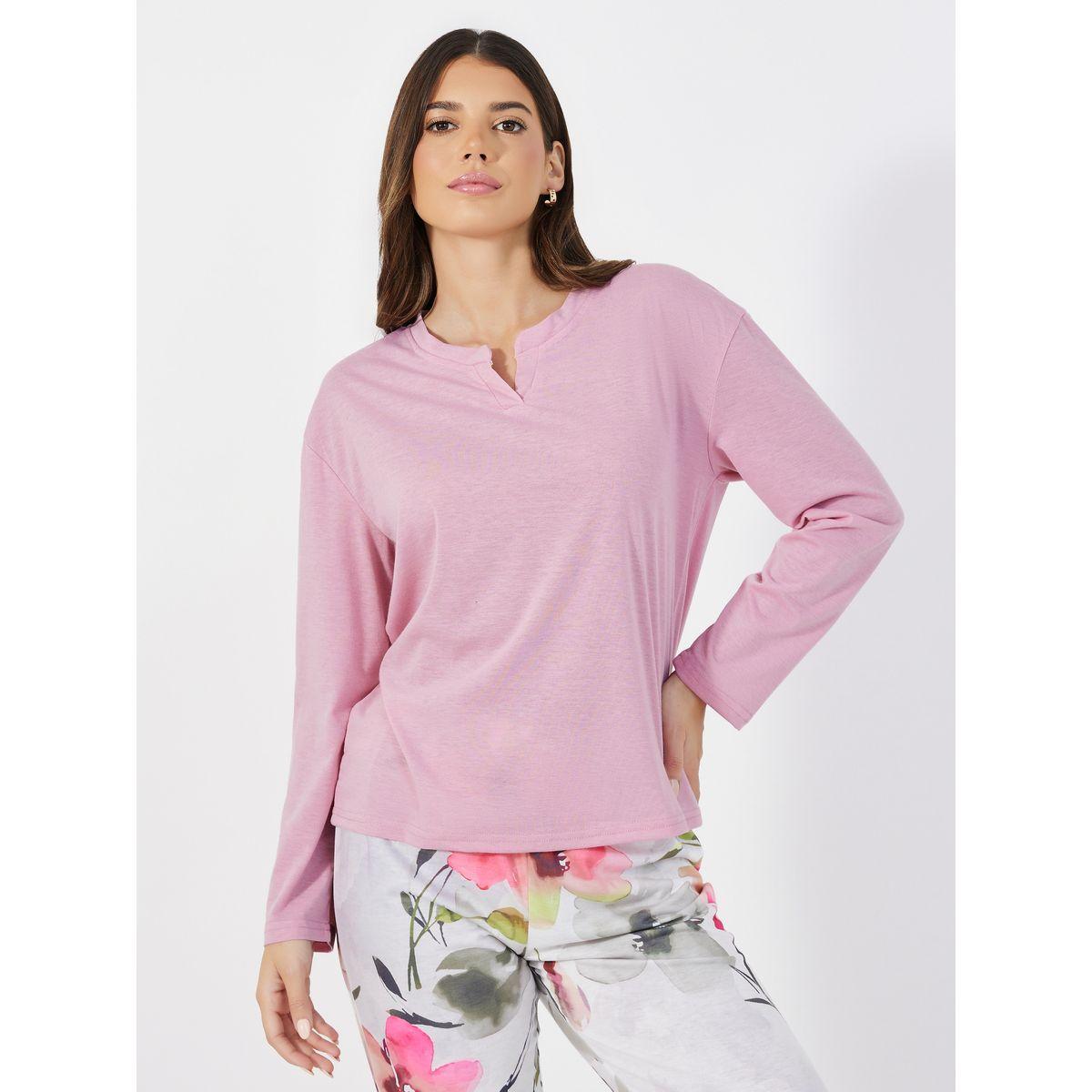 Styli Unwind Solid Dropped Shoulder T-Shirt & Floral Print Pants Pyjama Set-women-clothing-nightwear-pyjamas-longsets-image-2