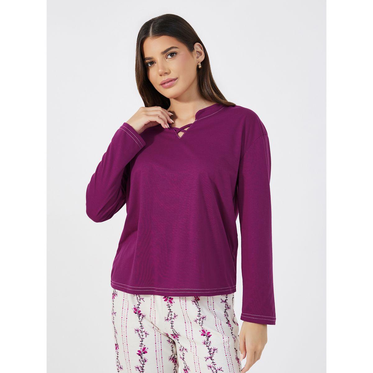 Styli Unwind Solid Notch Cross Front Detail T-Shirt & Floral Print Pants Pyjama Set-women-clothing-nightwear-pyjamas-longsets-image-2