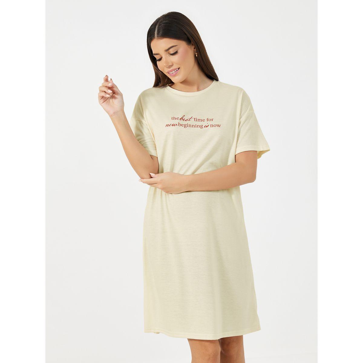 Styli Unwind Slogan Print Dropped Shoulder Sleep T-Shirt-women-clothing-nightwear-nighties-image-1