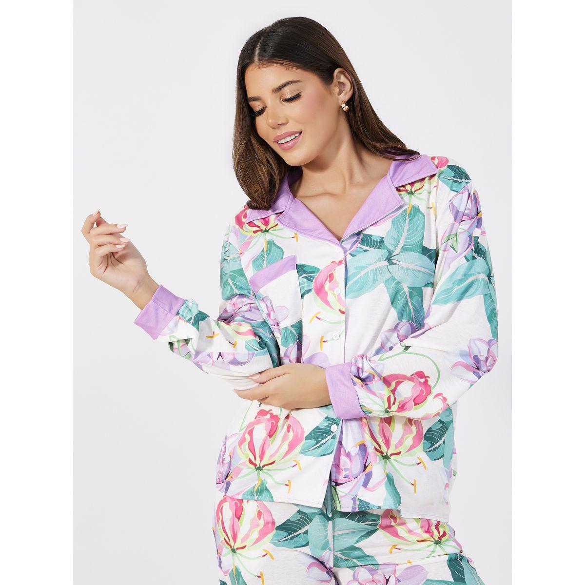 طقم من بنطال بيجاما وبلوزة بطبعة زهور-women-clothing-nightwear-pyjamas-longsets-image-2