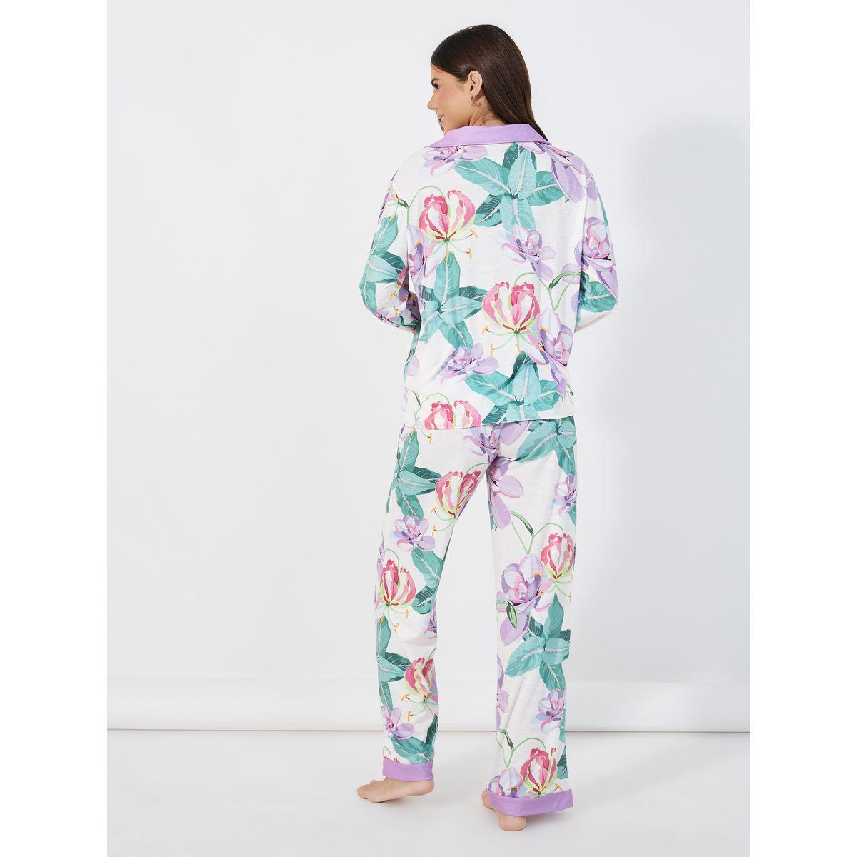 Styli Unwind Floral Print Collared Shirt & Pyjama Set-women-clothing-nightwear-pyjamas-longsets-image-4