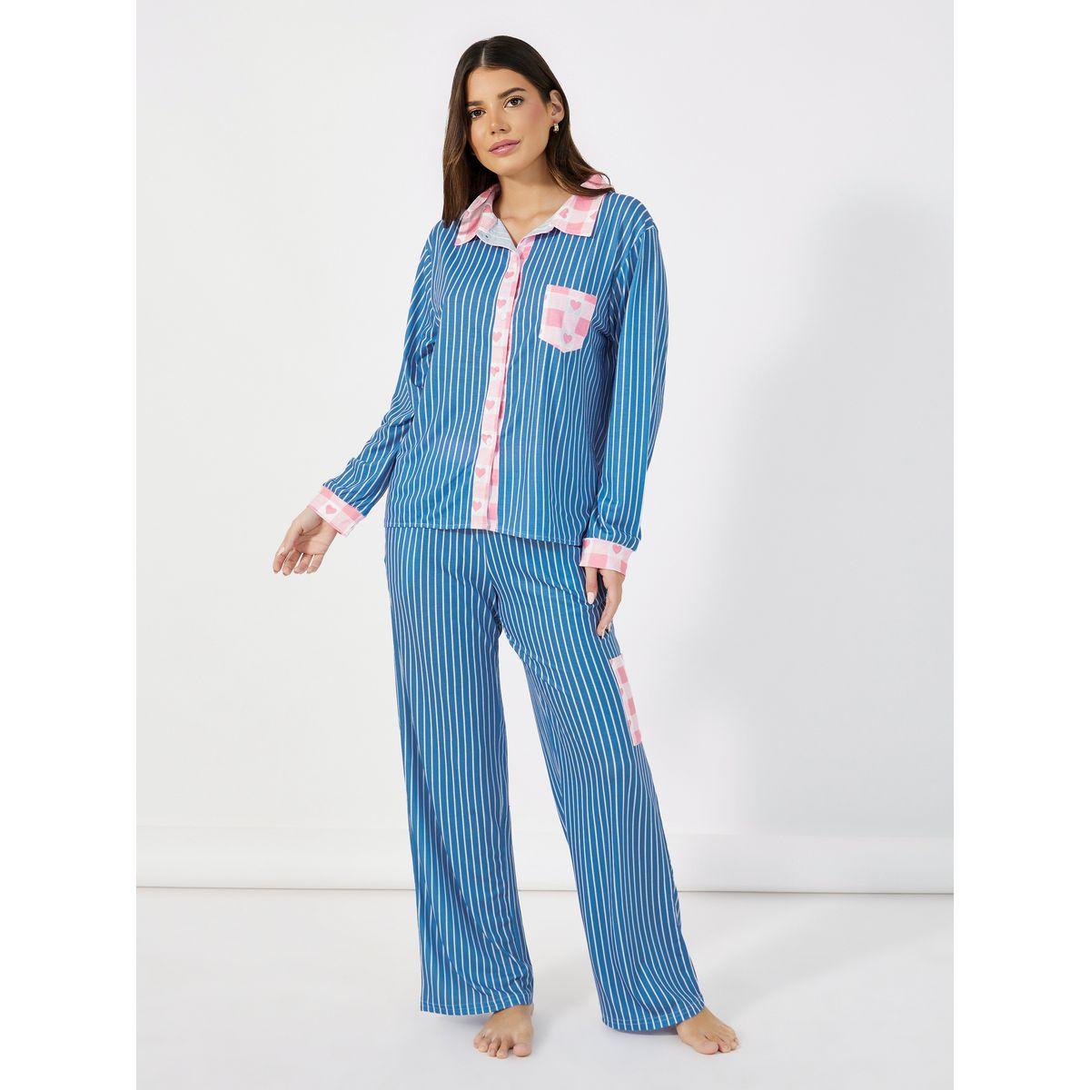 Styli Unwind Striped Contrast Print Shirt & Pants Pyjama Set-women-clothing-nightwear-pyjamas-longsets-image-1