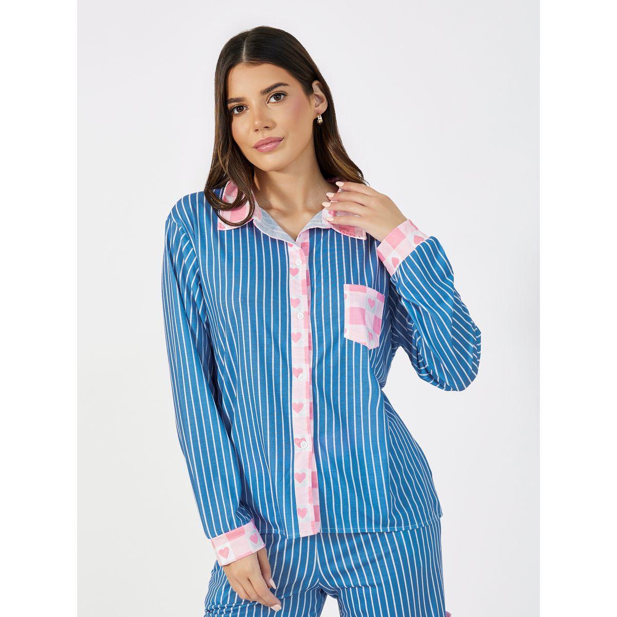 طقم من بنطال بيجاما وبلوزة مخططة بتفاصيل مُتباينة-women-clothing-nightwear-pyjamas-longsets-image-2