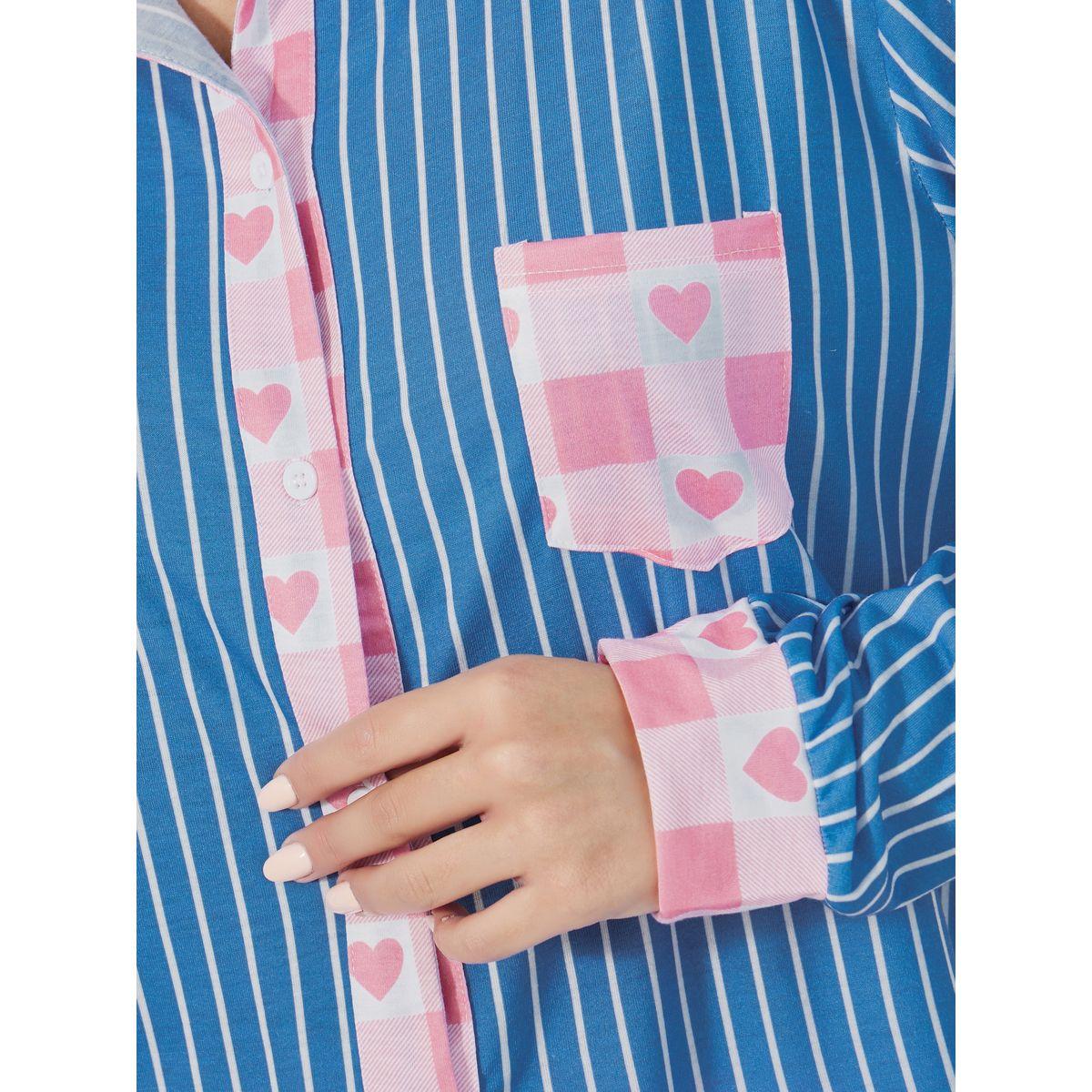 Styli Unwind Striped Contrast Print Shirt & Pants Pyjama Set-women-clothing-nightwear-pyjamas-longsets-image-3