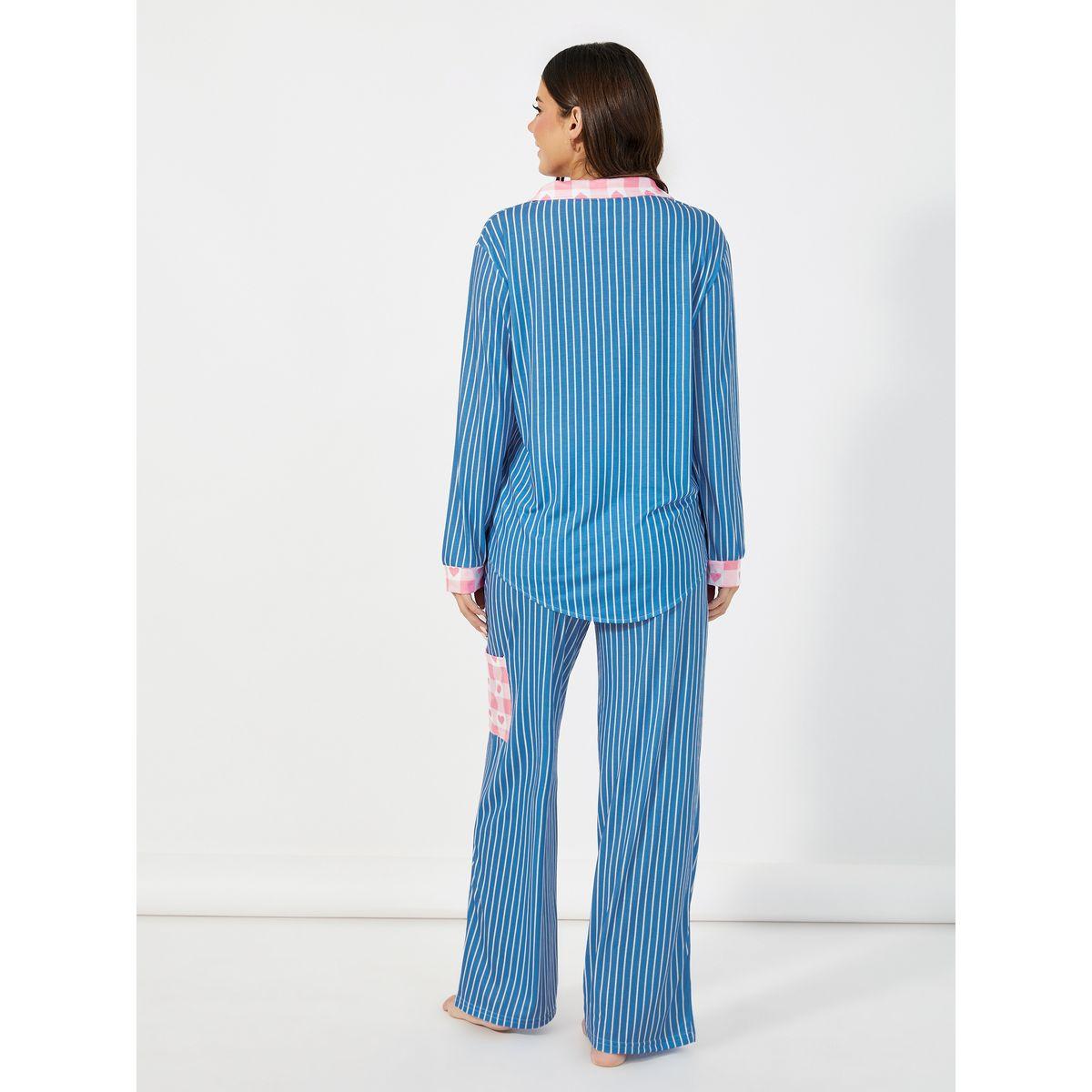 Styli Unwind Striped Contrast Print Shirt & Pants Pyjama Set-women-clothing-nightwear-pyjamas-longsets-image-4