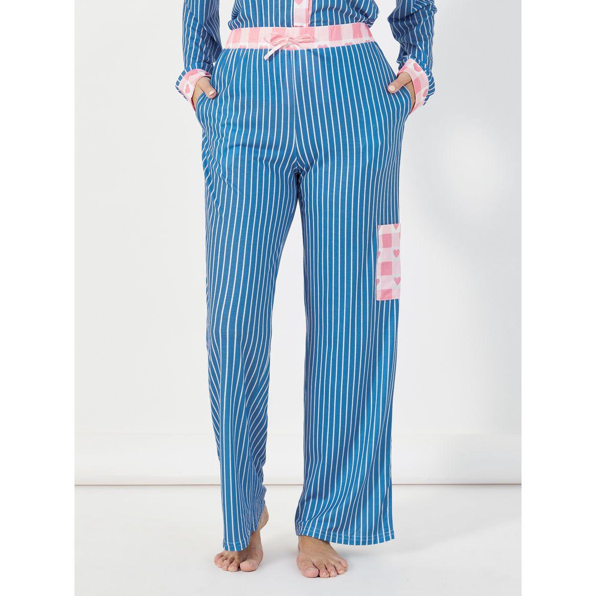 طقم من بنطال بيجاما وبلوزة مخططة بتفاصيل مُتباينة-women-clothing-nightwear-pyjamas-longsets-image-5
