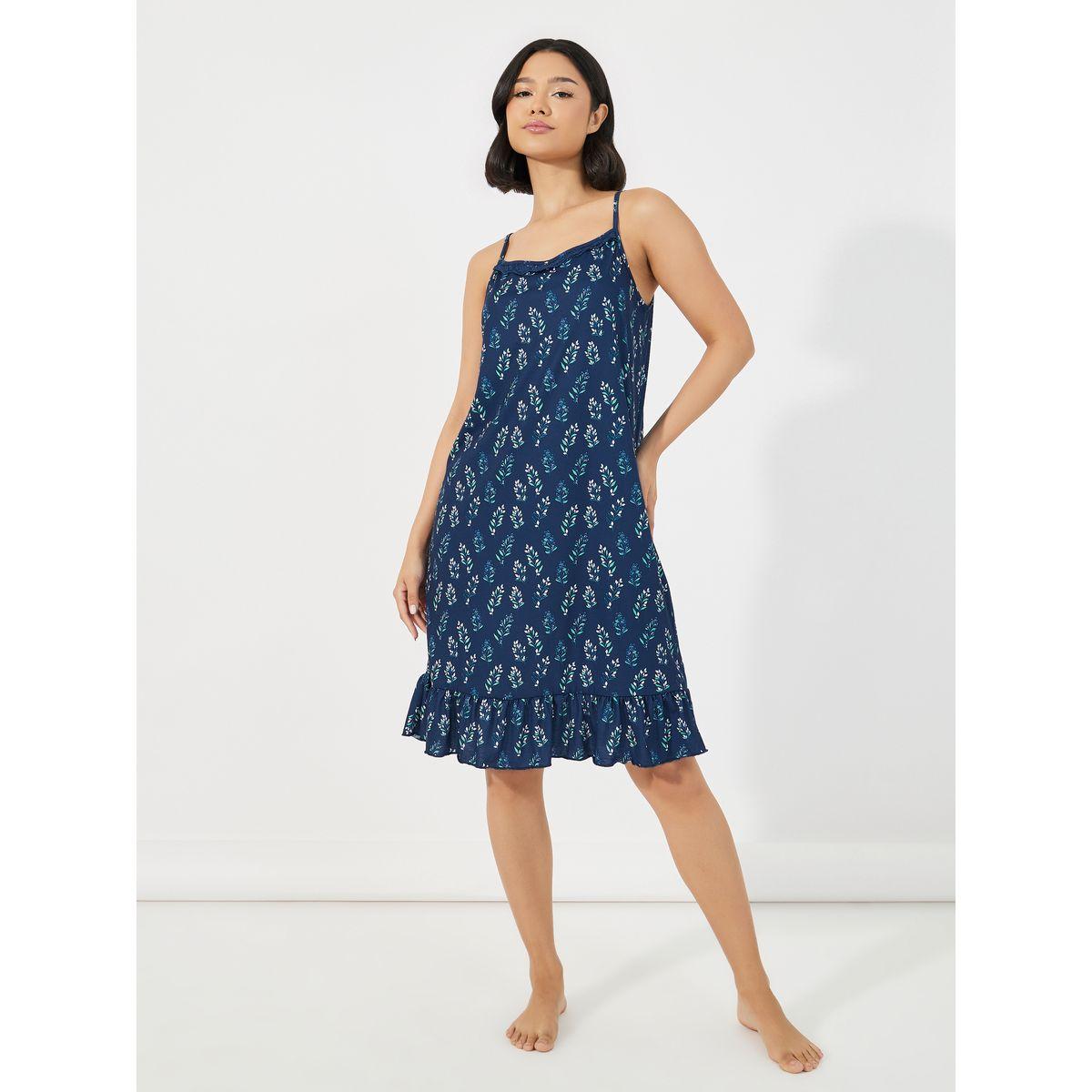 Styli Unwind Ditsy Leaf Print Ruffle Hem Slip Dress-women-clothing-nightwear-nighties-image-1