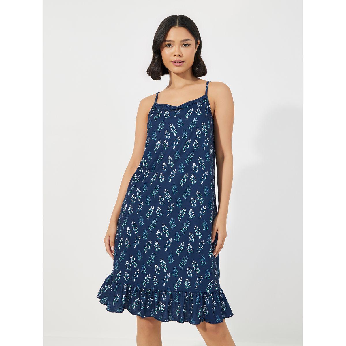 Styli Unwind Ditsy Leaf Print Ruffle Hem Slip Dress-women-clothing-nightwear-nighties-image-2