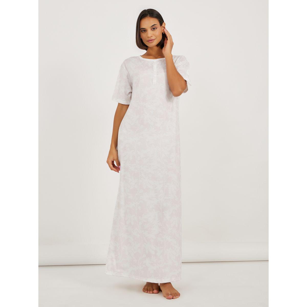 Styli Leafy Floral Print Placket Sleep T-Shirt Dress-women-clothing-nightwear-nighties-image-1