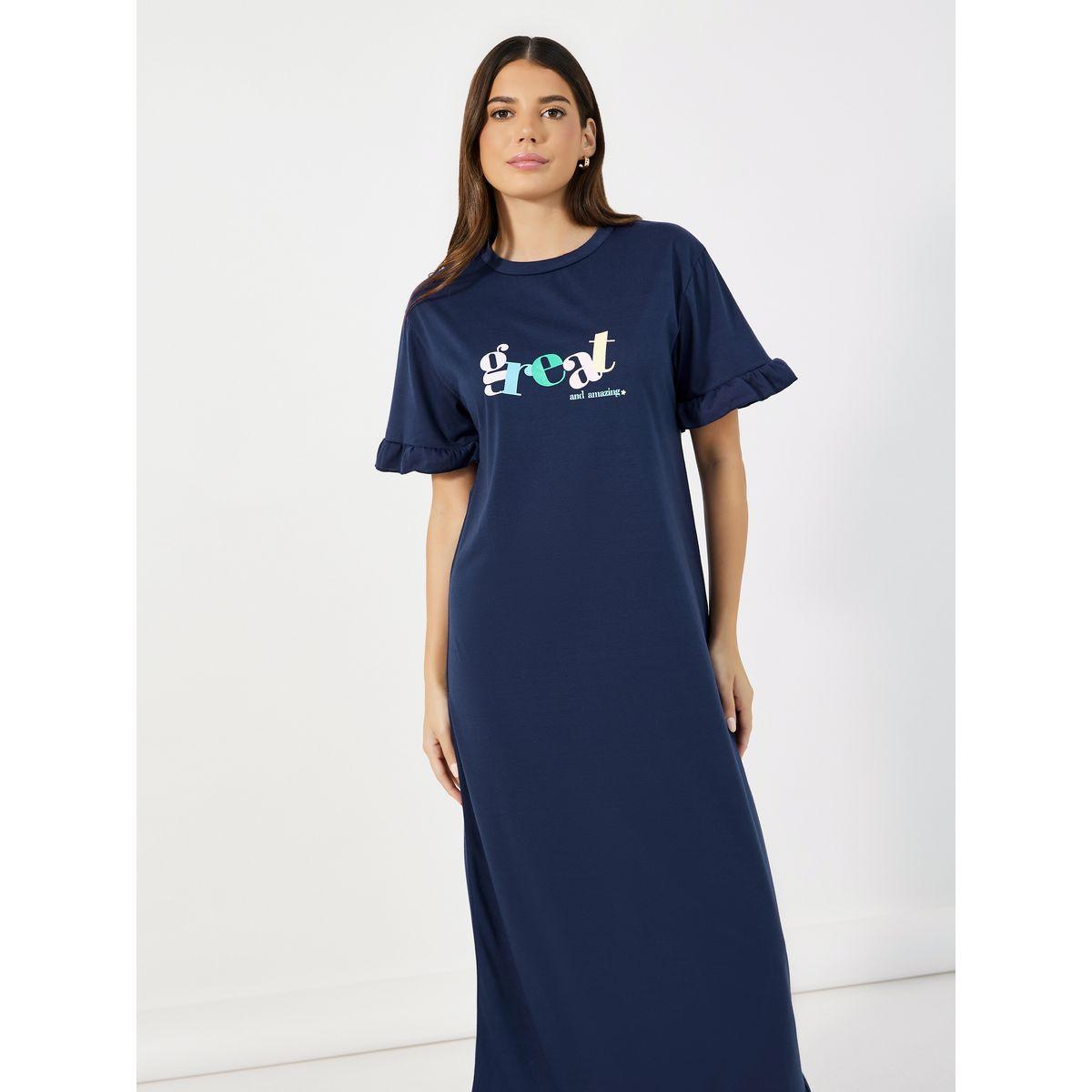 Styli Unwind Slogan Print Ruffle Hem Maxi Sleep Dress-women-clothing-nightwear-nighties-image-2
