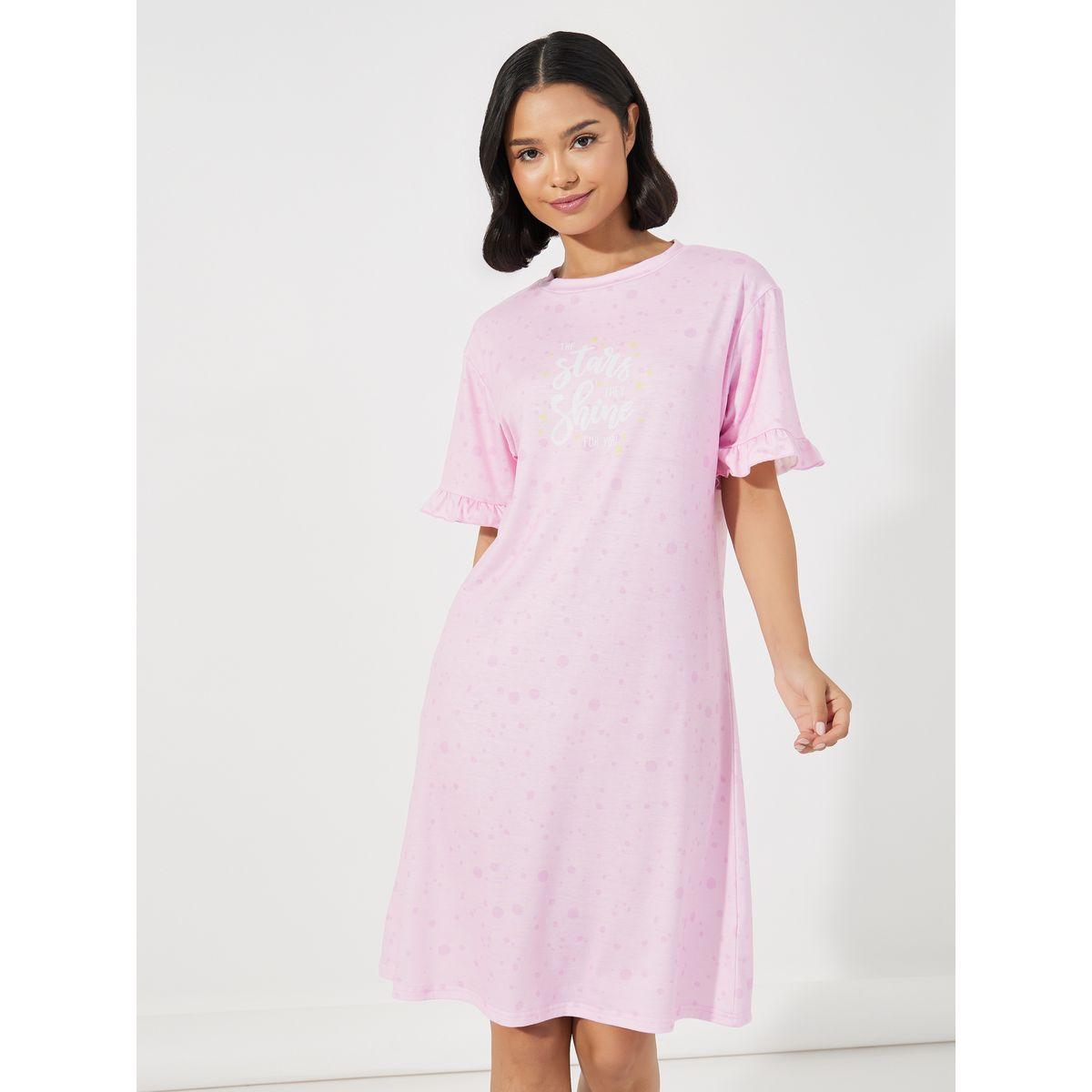 Styli Unwind Ruffle Sleeve Slogan Print Sleep T-Shirt Dress-women-clothing-nightwear-nighties-image-2