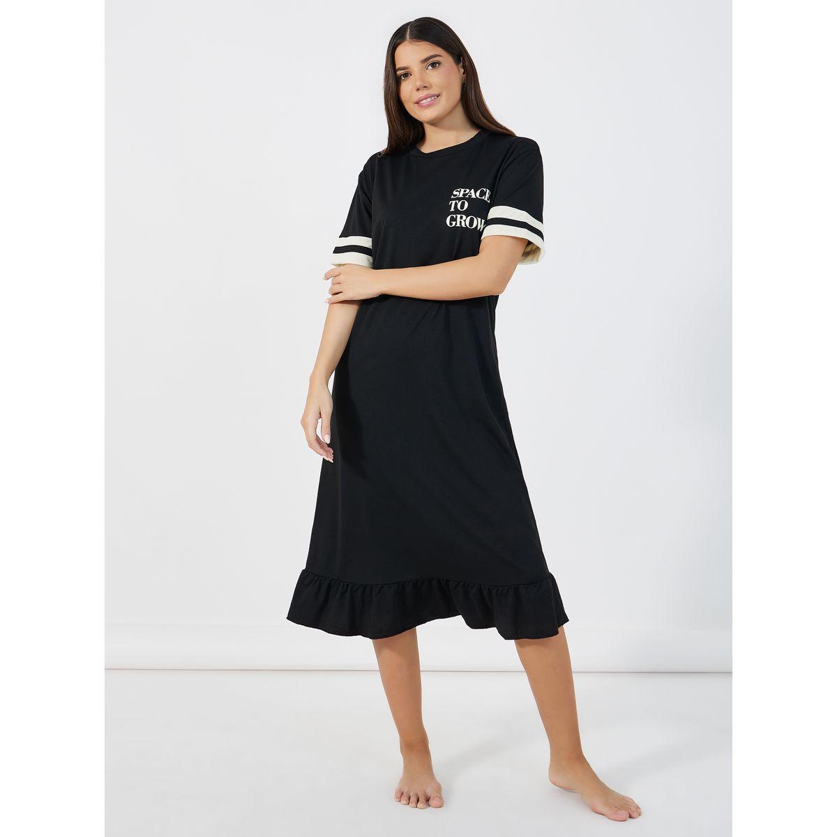 Styli Unwind Double Striped Sleeve Slogan Ruffle Hem Sleep T-Shirt Dress-women-clothing-nightwear-nighties-image-1