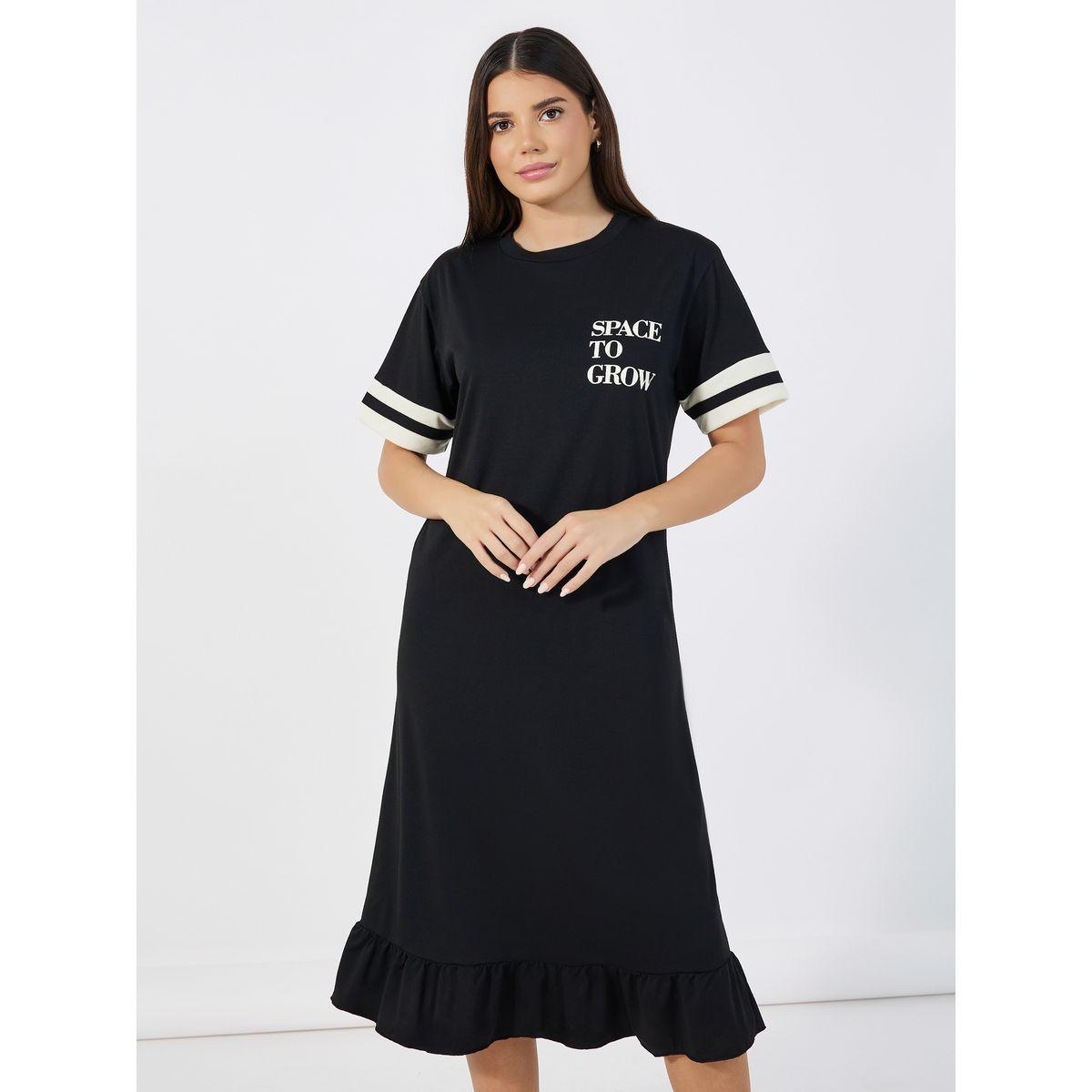 Styli Unwind Double Striped Sleeve Slogan Ruffle Hem Sleep T-Shirt Dress-women-clothing-nightwear-nighties-image-2