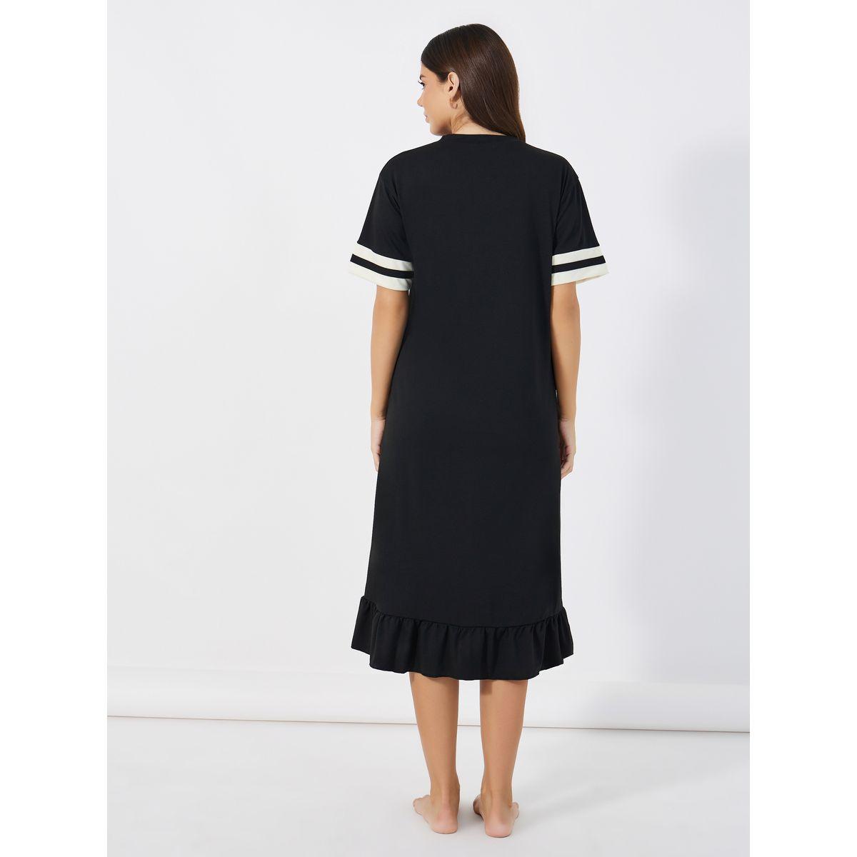 Styli Unwind Double Striped Sleeve Slogan Ruffle Hem Sleep T-Shirt Dress-women-clothing-nightwear-nighties-image-4
