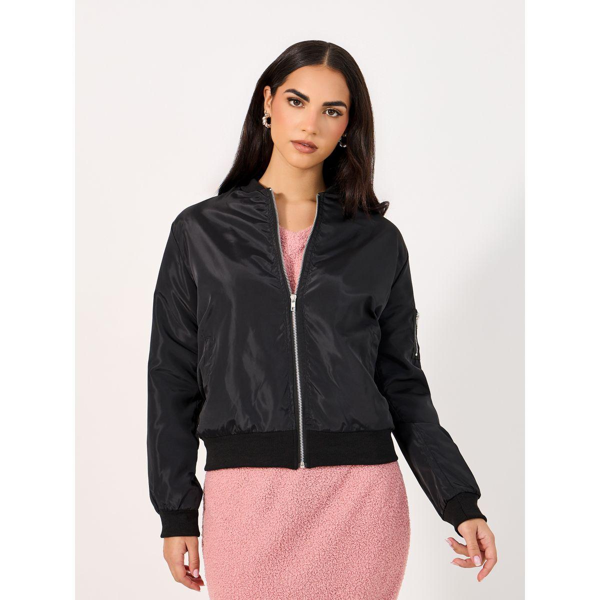 Styli Regular Fit Regular Length Zip Up Bomber Jacket-women-winterwear-coatsandjackets-jackets-image-1