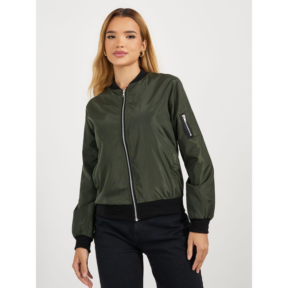 Styli Regular Fit Regular Length Zip Up Bomber Jacket-women-winterwear-coatsandjackets-jackets-image-1