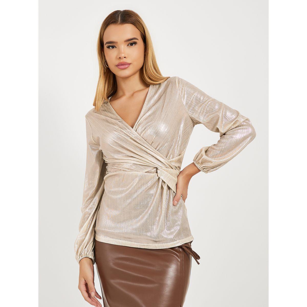 Styli Elevate Metallic Wrap Top with Knot Front Detail-women-clothing-shirtsandblouses-blouses-image-1