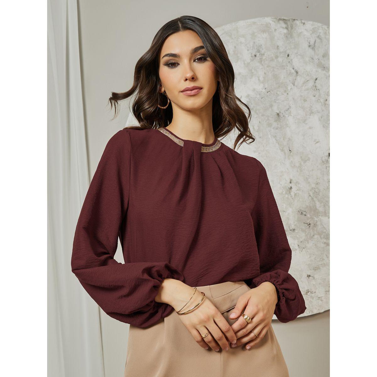 بلوزة بياقة منمقة مع قصة عادية وأكمام بالون-women-clothing-shirtsandblouses-blouses-image-1