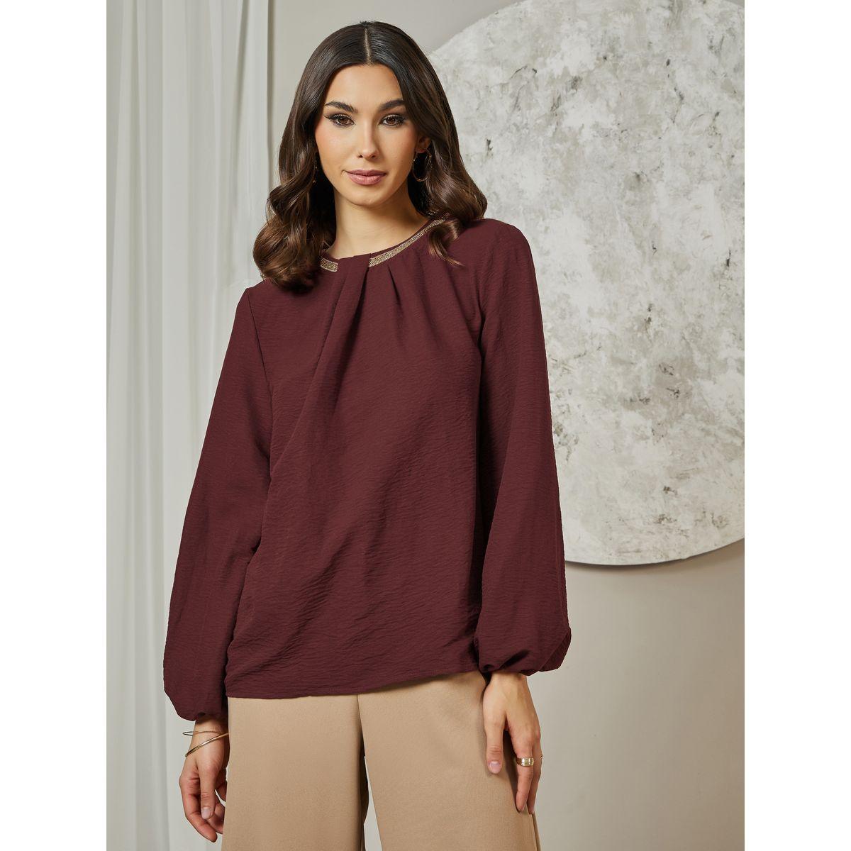 Styli Elevate Embellished Neckline Regular Fit Balloon Sleeves Top-women-clothing-shirtsandblouses-blouses-image-3