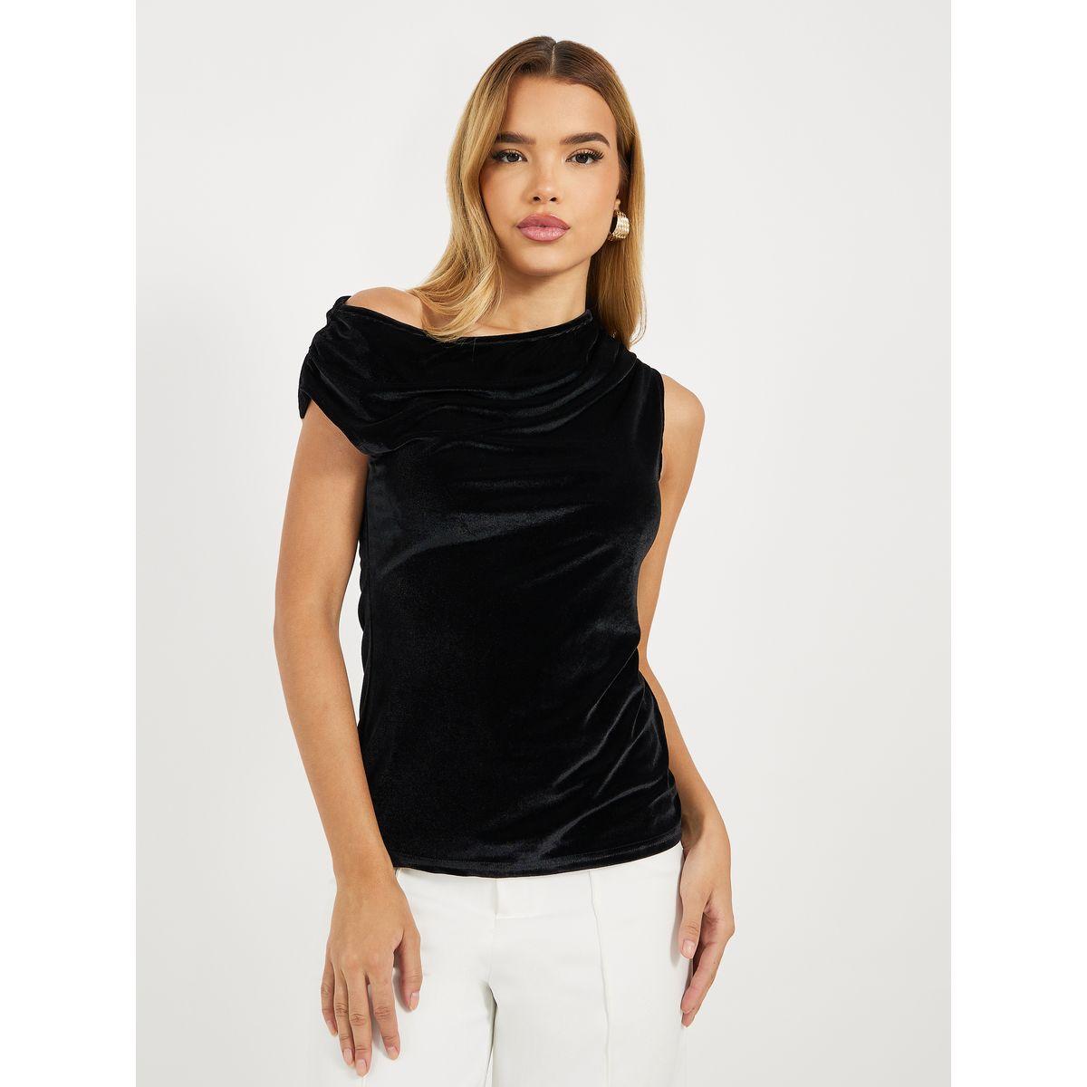 Styli Elevate Asymmetric Neck Velvet Look Top-women-clothing-shirtsandblouses-blouses-image-1