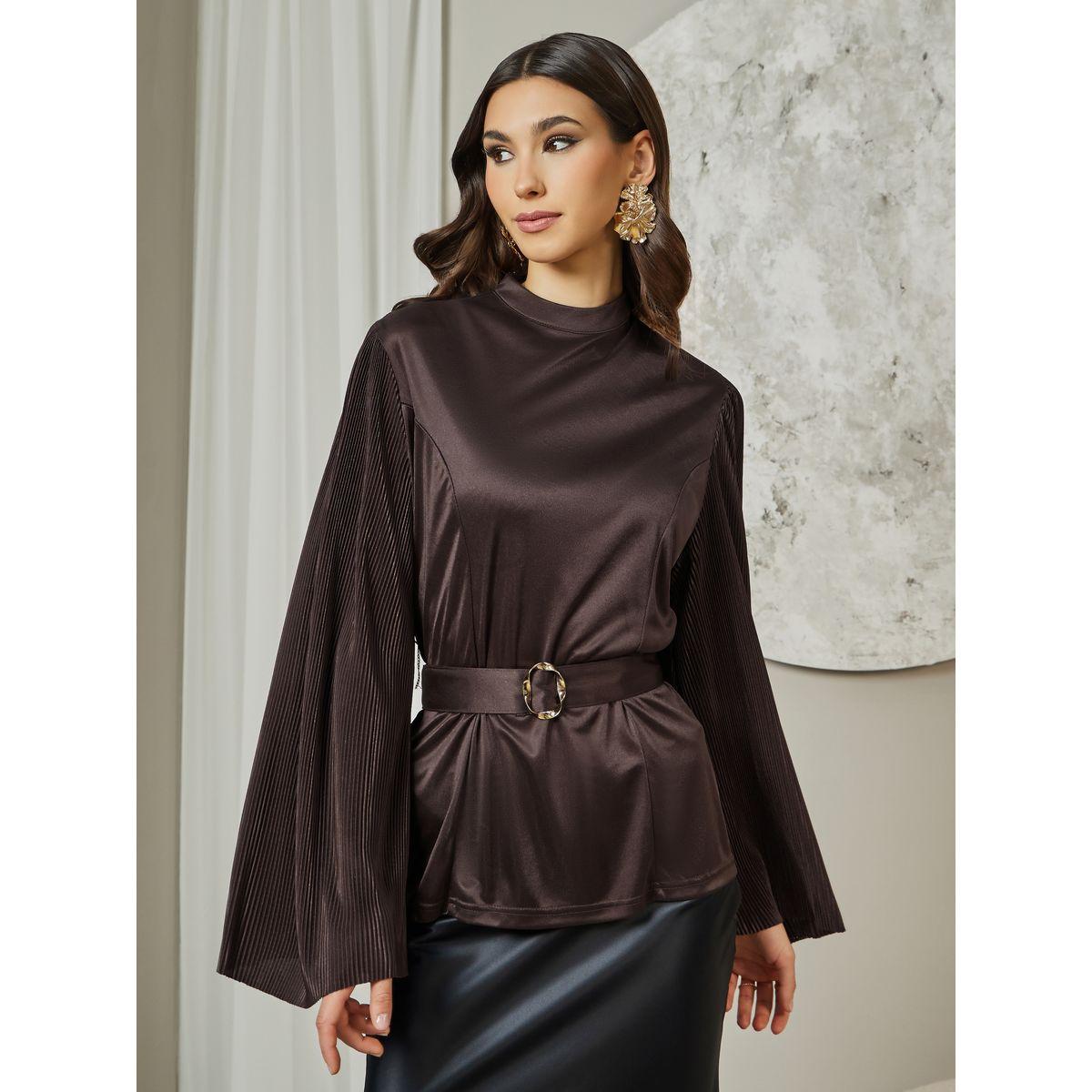 بلوزة بليسيه واسعة مع حزام خصر-women-clothing-shirtsandblouses-blouses-image-1