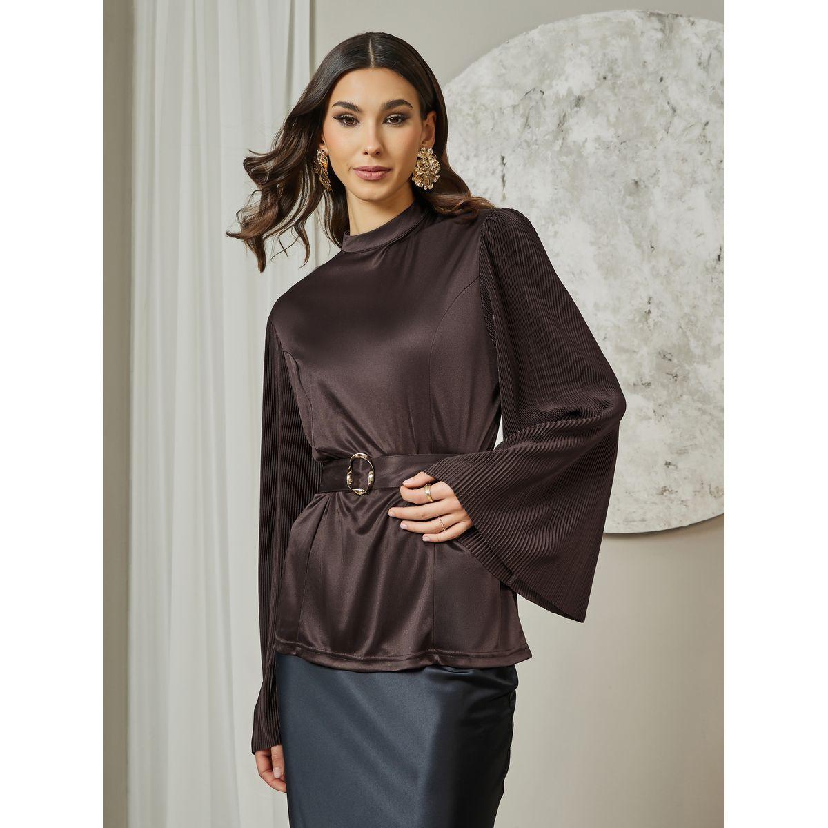 بلوزة بليسيه واسعة مع حزام خصر-women-clothing-shirtsandblouses-blouses-image-3