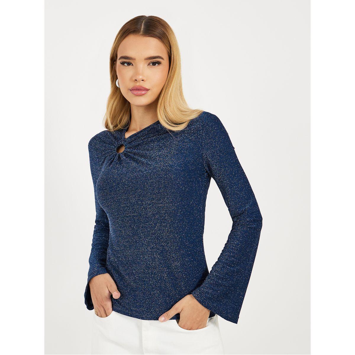 Styli Elevate Keyhole Detail Glitter Look Top-women-clothing-shirtsandblouses-blouses-image-1