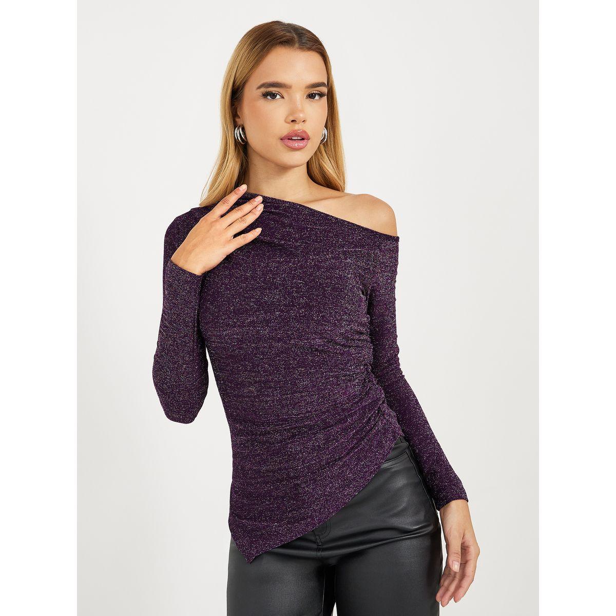 Styli Elevate Asymmetric Neck Glitter Look Fitted Top-women-clothing-shirtsandblouses-blouses-image-1