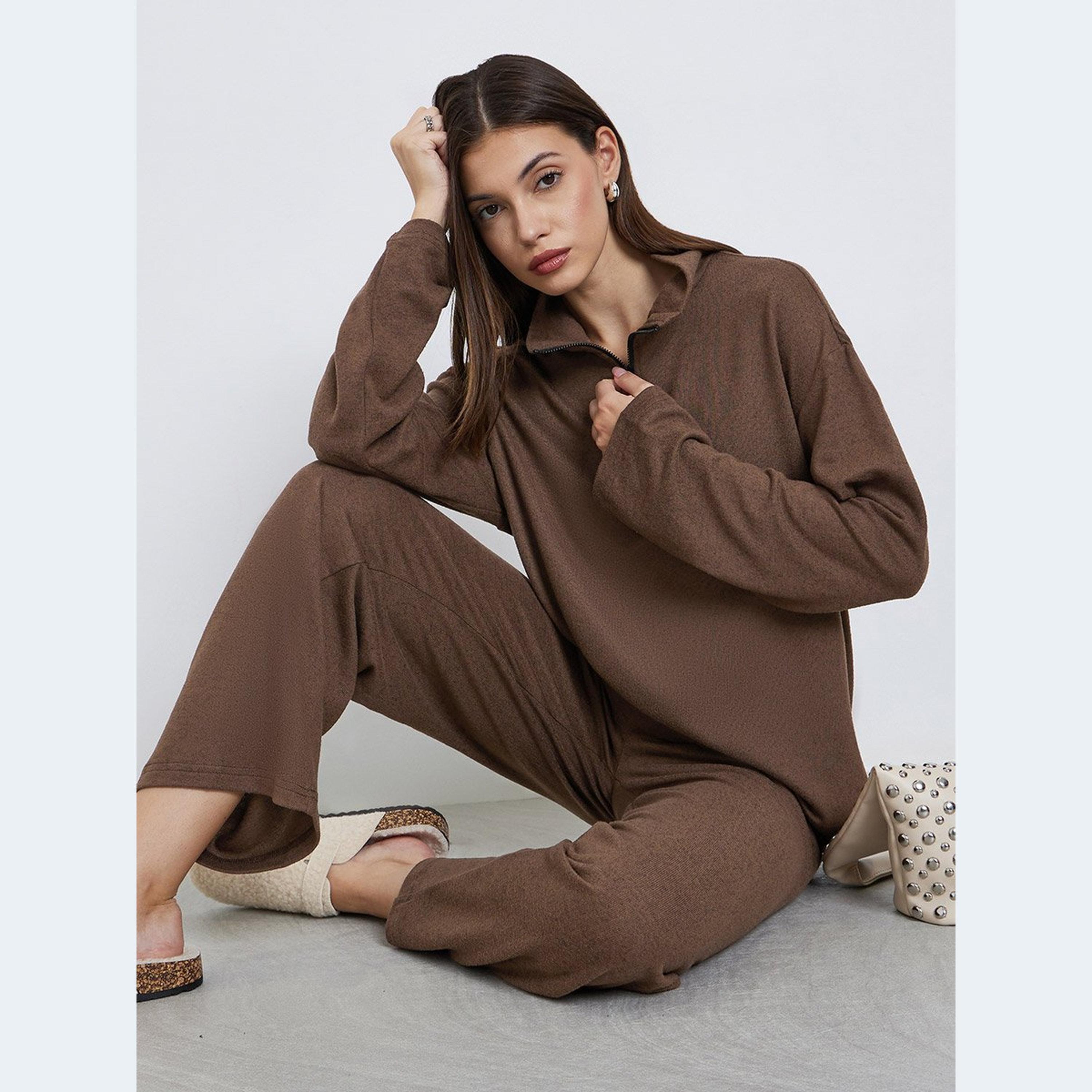 Styli Zip Placket Collared Sweatshirt and Joggers Co-Ords-women-clothing-coordsets-image-2