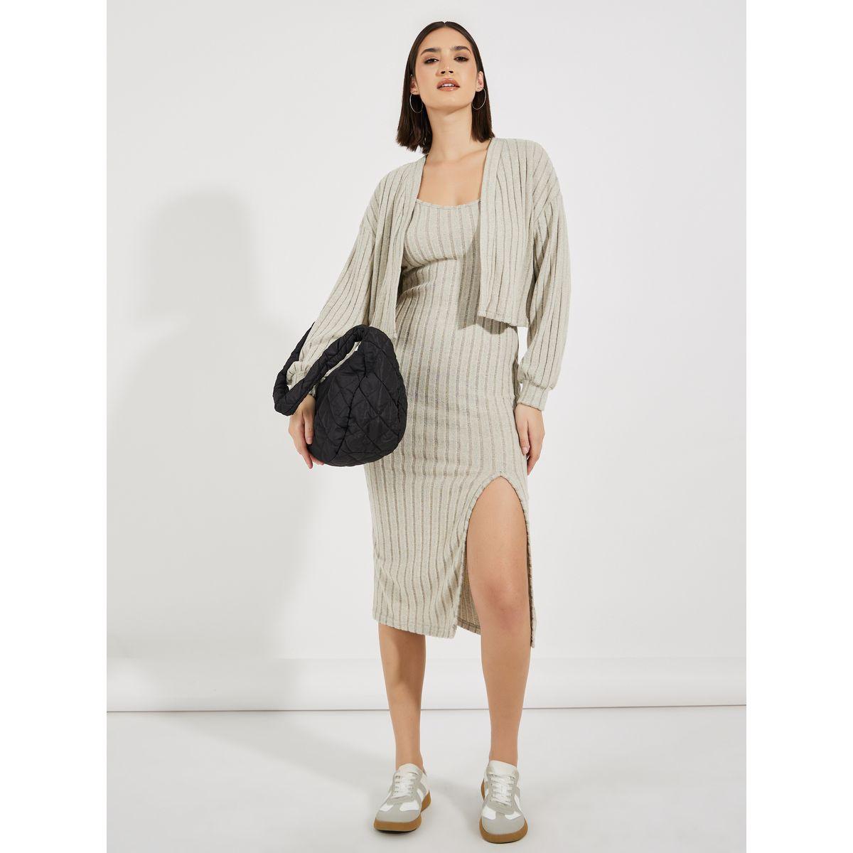 طقم منسق من كارديجان وفستان ميدي بتفاصيل مضلعة-women-clothing-coordsets-image-1