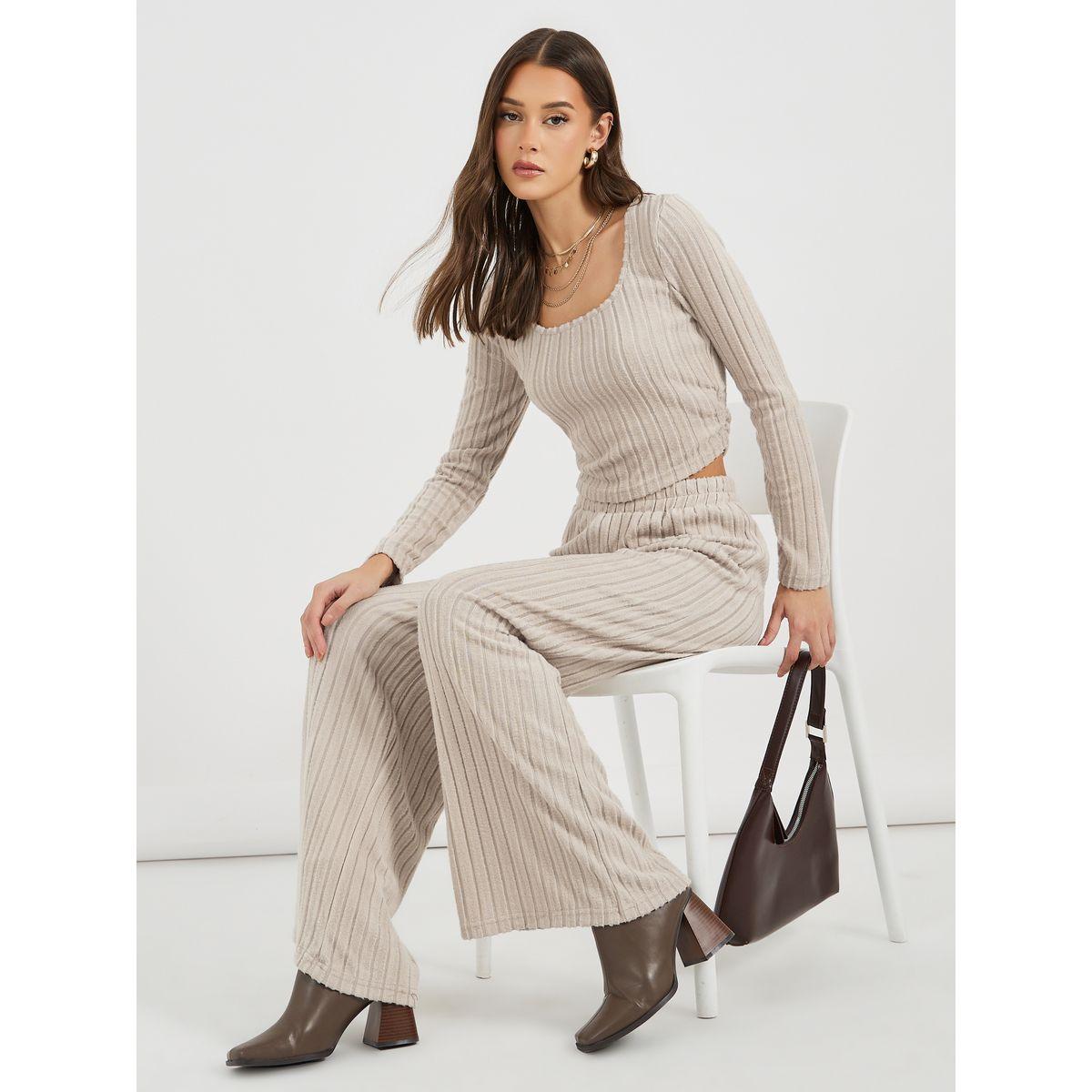 Styli Long Sleeve Rib Knit Top & Wide Leg Joggers Co-Ords-women-clothing-coordsets-image-1