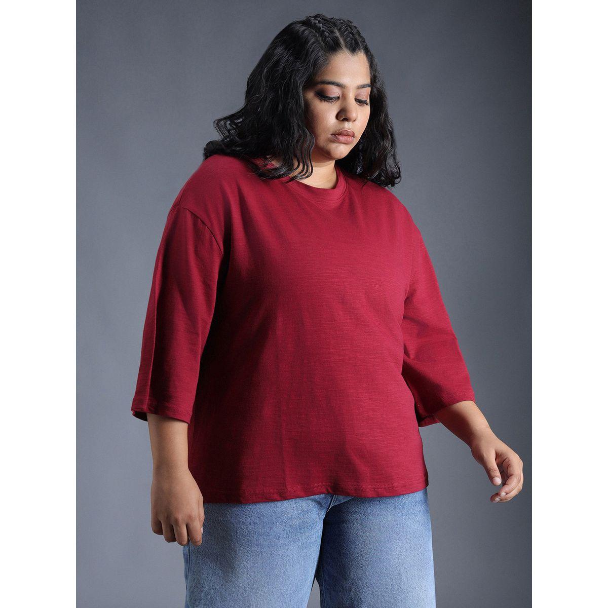 High Star X Styli  Plus Size Solid Cotton Boxy Fit T-Shirt-women-clothing-tshirts-image-2