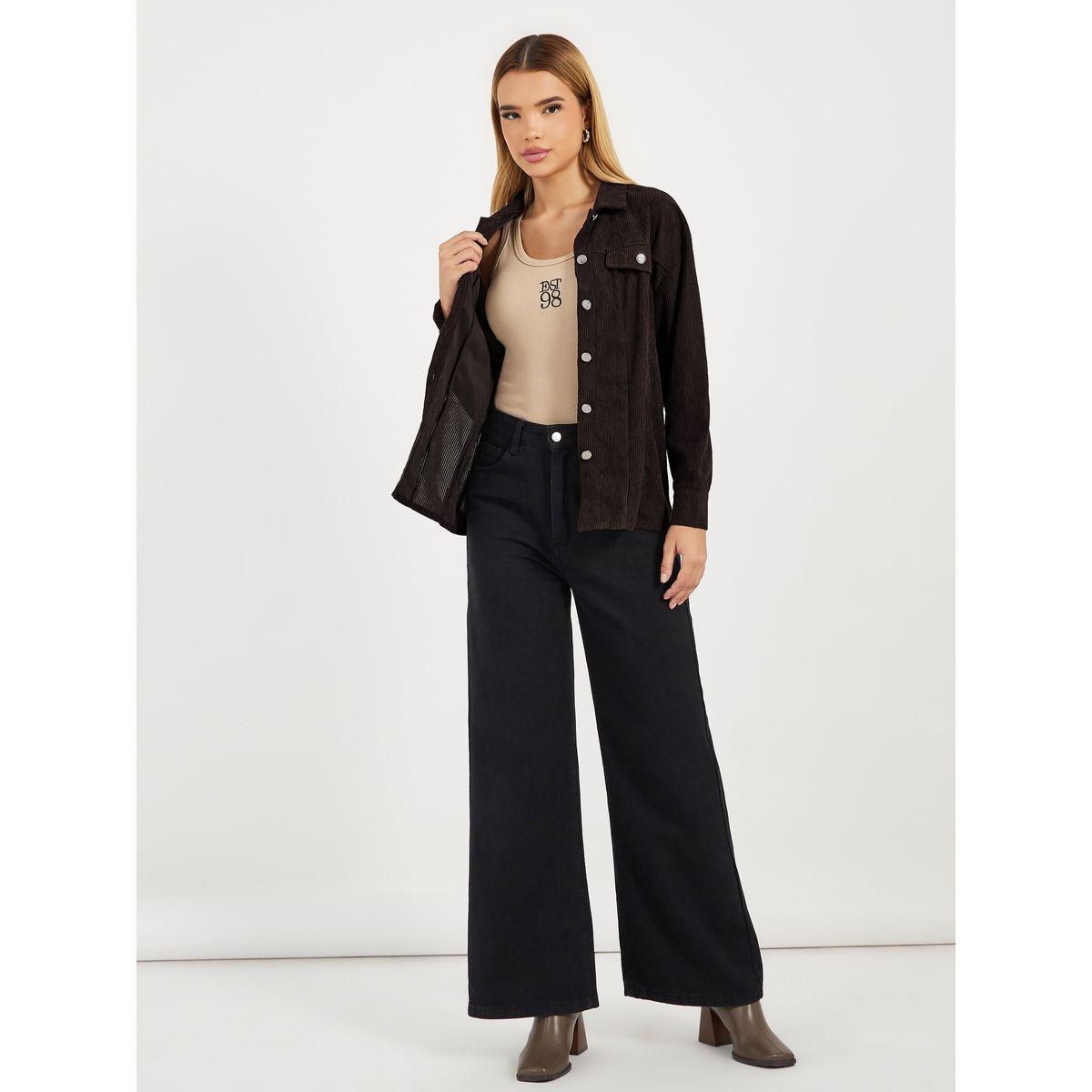 Styli Relaxed Fit Corduroy Shirt with Metal Button-women-clothing-shirtsandblouses-shirts-image-2