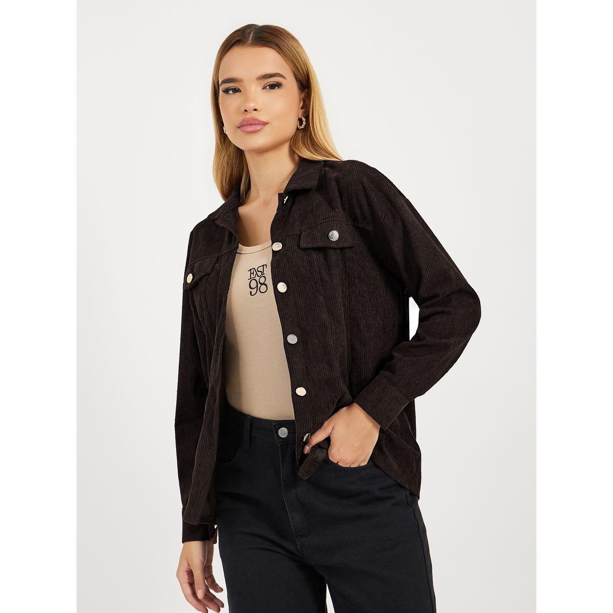 Styli Relaxed Fit Corduroy Shirt with Metal Button-women-clothing-shirtsandblouses-shirts-image-3
