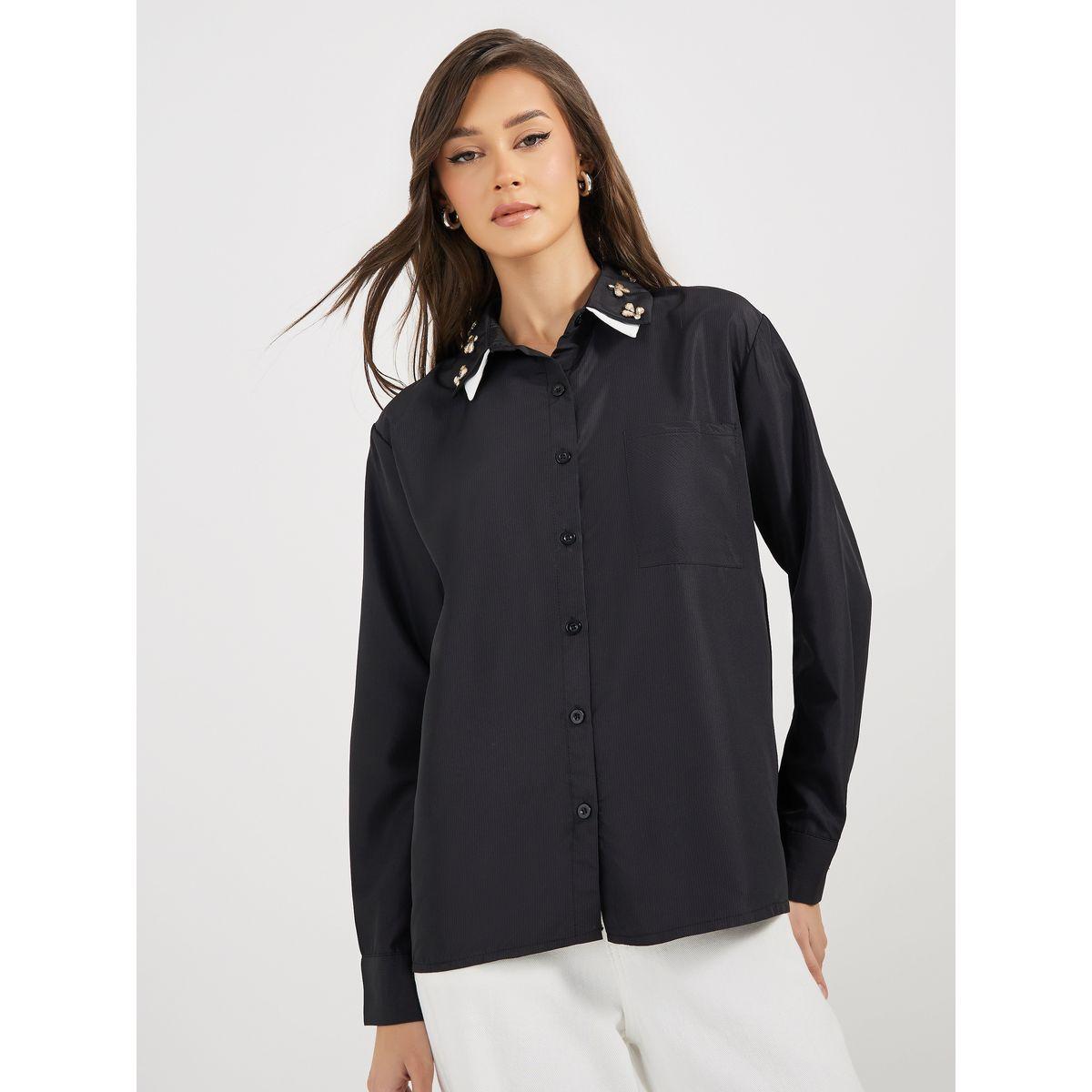 Styli Double Contrast Embellished Collar Loose Fit Shirt-women-clothing-shirtsandblouses-shirts-image-1