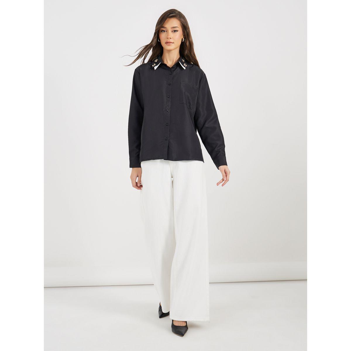 Styli Double Contrast Embellished Collar Loose Fit Shirt-women-clothing-shirtsandblouses-shirts-image-2
