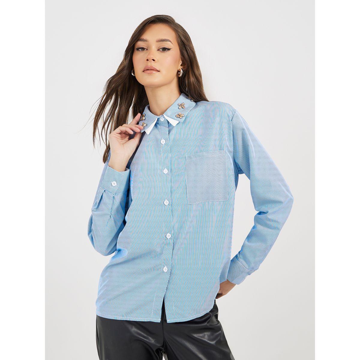 بلوزة بقصة سائبة وياقة مع تفاصيل مُتباينة-women-clothing-shirtsandblouses-shirts-image-1