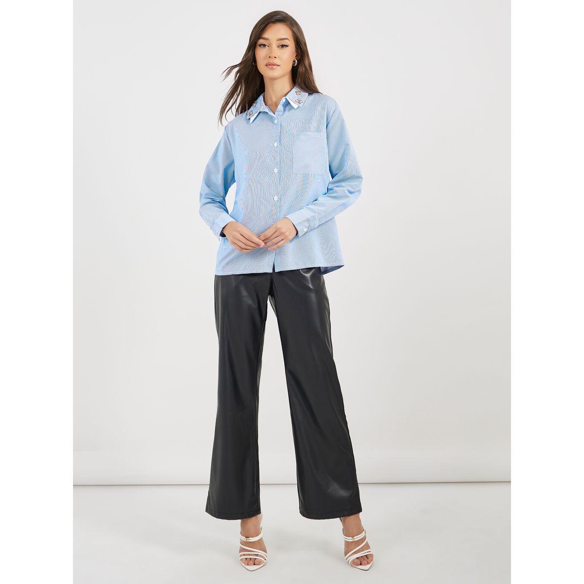 بلوزة بقصة سائبة وياقة مع تفاصيل مُتباينة-women-clothing-shirtsandblouses-shirts-image-2
