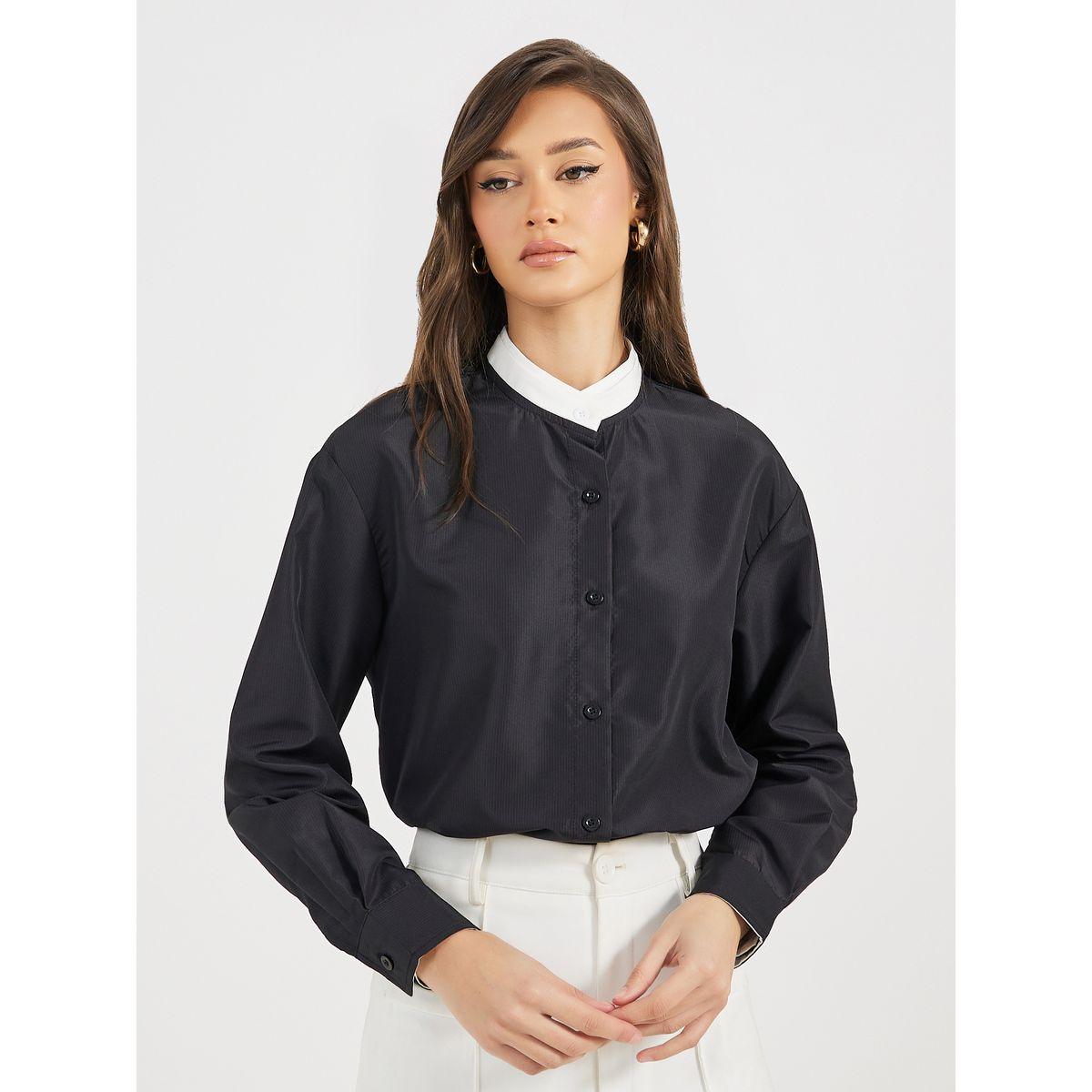 بلوزة بقصة سائبة وياقة قائمة مع أزرار غلق-women-clothing-shirtsandblouses-shirts-image-1